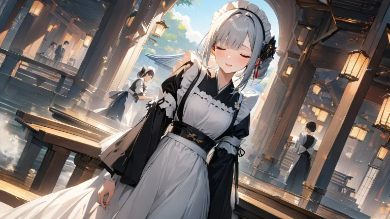 A serene depiction of a Japanese maid with closed eyes in a peaceful setting.