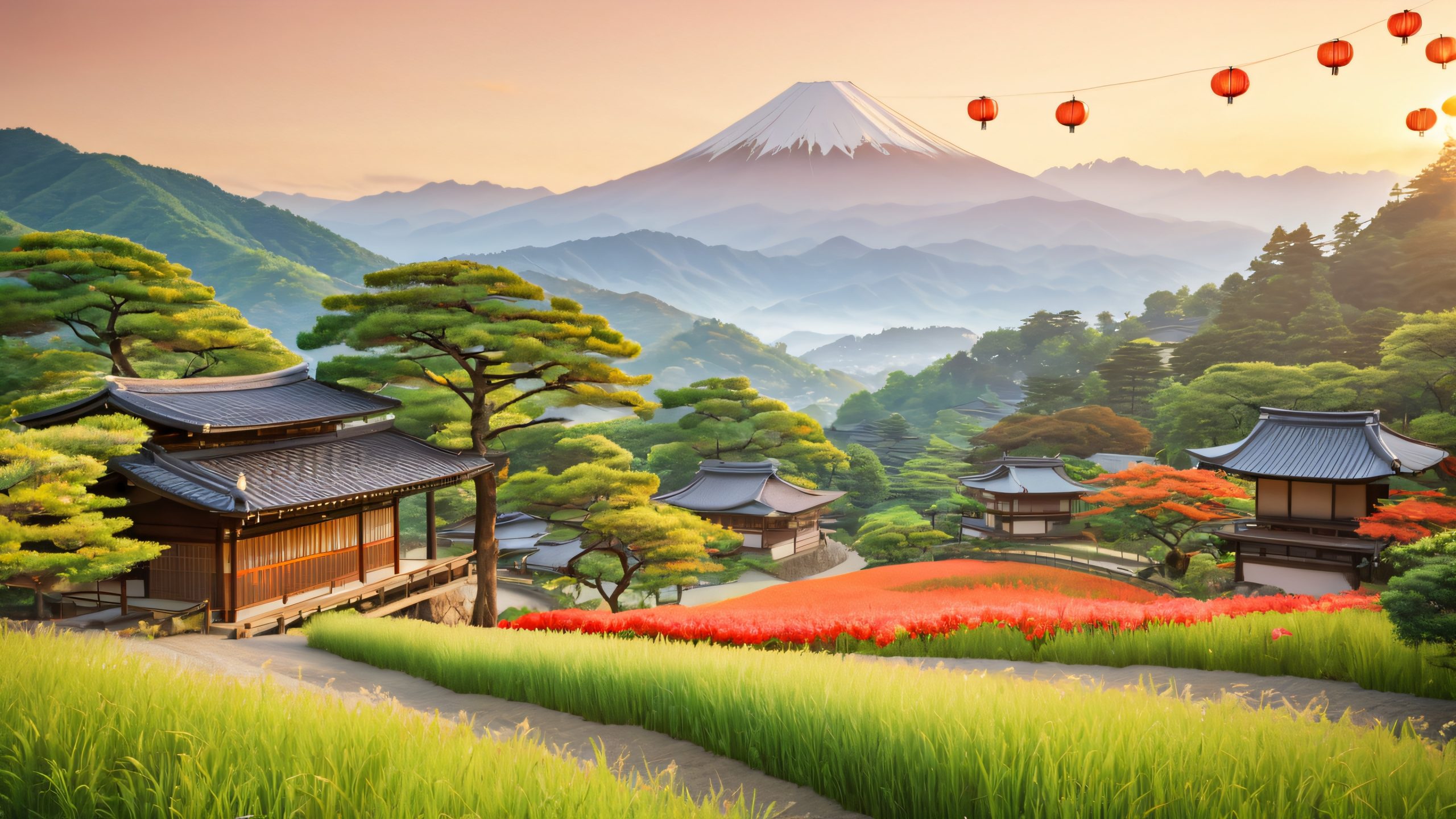 Serene Japanese village at dusk, wooden and paper lanterns, forest, hills, mountains, desktop, PC