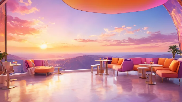 Ethereal desktop scene of a jazz lounge at sunset with warm lighting and vibrant colors for PC/ Desktop use.