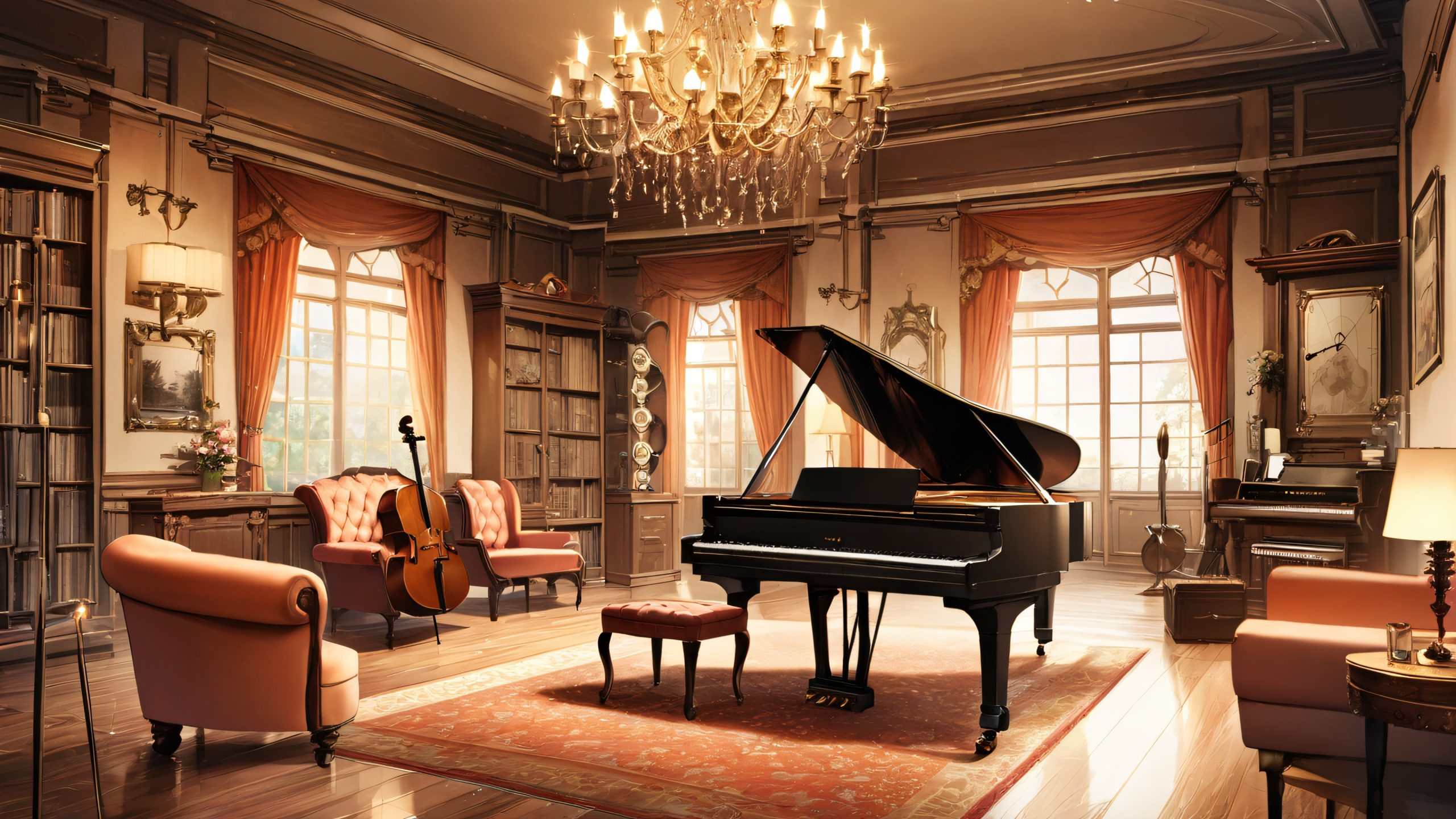 Group of young women gathered around a piano in a cozy music room for a concert, suitable for desktop/pc