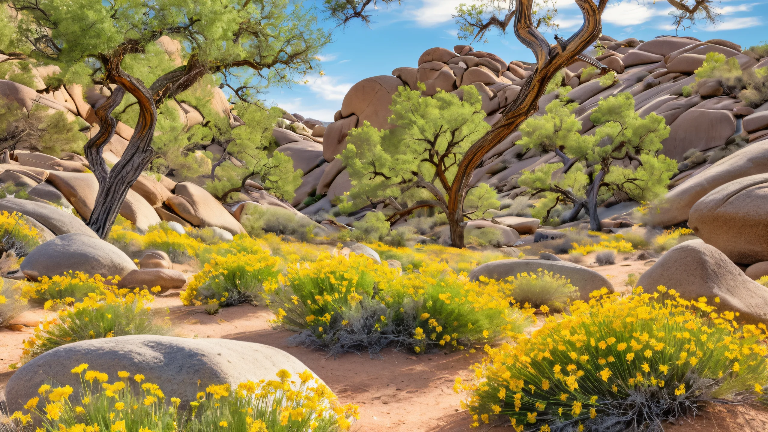 Grapevine Tapestry Dawn 4K UHD Widescreen A serene desktop image featuring a lush grapevine-meshed forest in Joshua Tree National Park with ancient trees and green leaves, suitable for use on Desktop/PC.