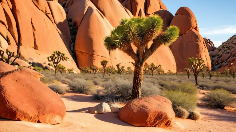 A majestic rock formation and juniper tree on a Joshua Tree National Park desktop background, suitable for PC or monitor.