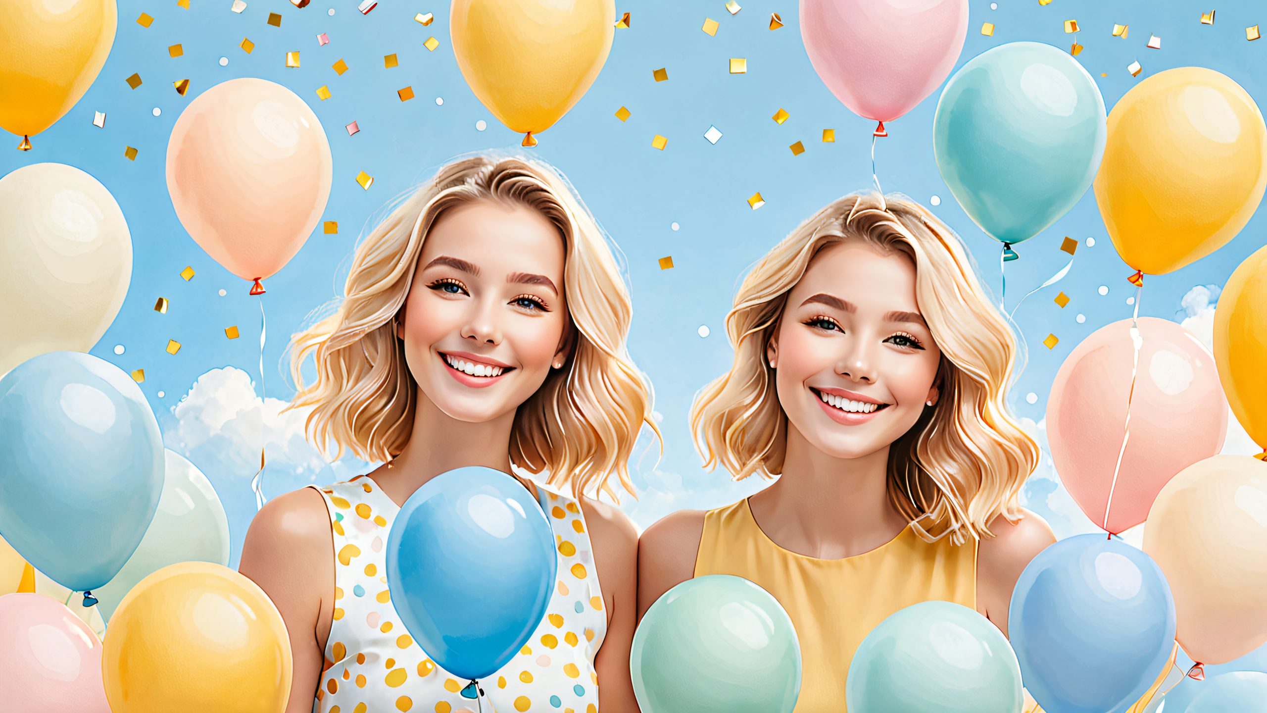 A delightful desktop wallpaper featuring a smiling character amidst fluttering confetti and balloons on a bright, airy space with a pale blue to creamy white gradient background, suitable for Desktop/PC.