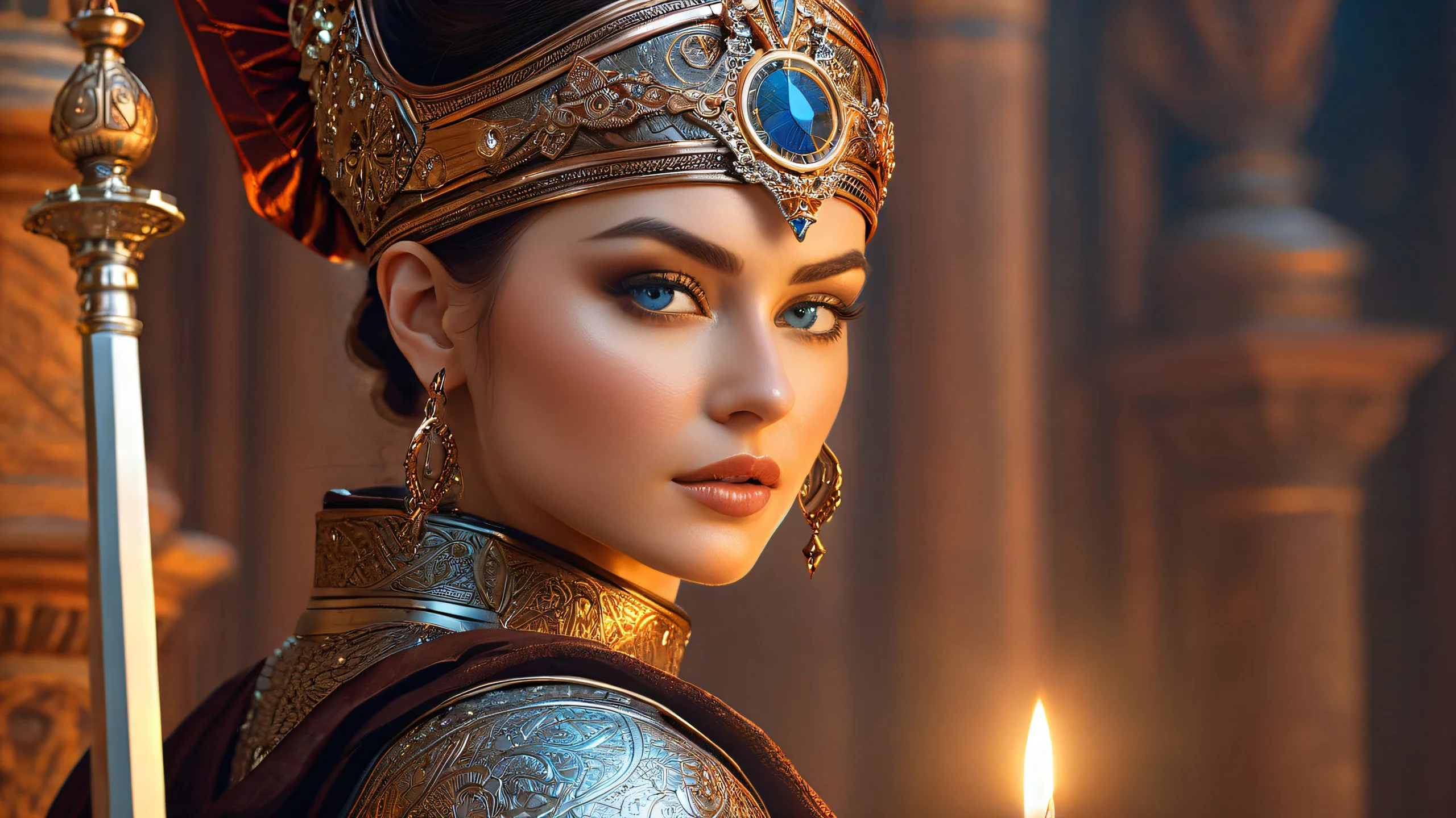 4K Judith's Copper Triumph Desktop Background A steampunk-inspired illustration of Judith standing over Holofernes' defeated body on a desktop or PC, with copper filigree and silver scimitar.