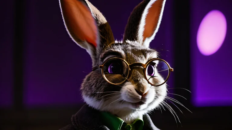 Judy Hopps' bespectacled profile with intricate rabbit eye details and whisker texture, set against a dark gray background.