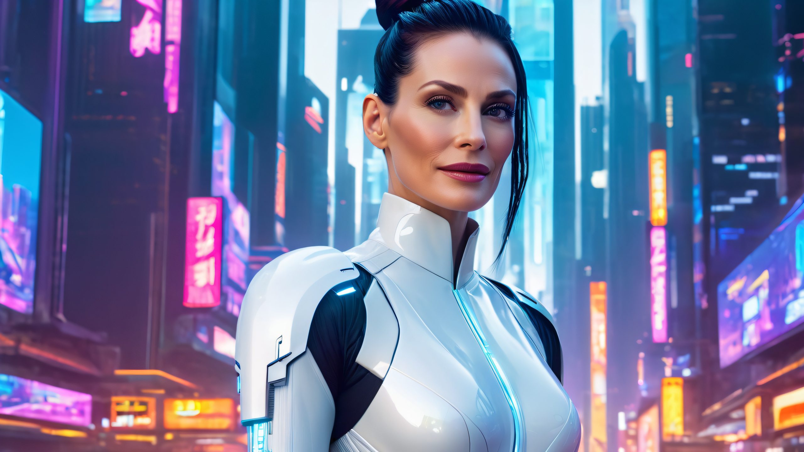 Ultra HD Cyberpunk Rebellion Rising Wallpaper Julia Roberts-inspired cyberpunk heroine standing amidst a futuristic cityscape with towering skyscrapers and holographic advertisements on Desktop/PC.