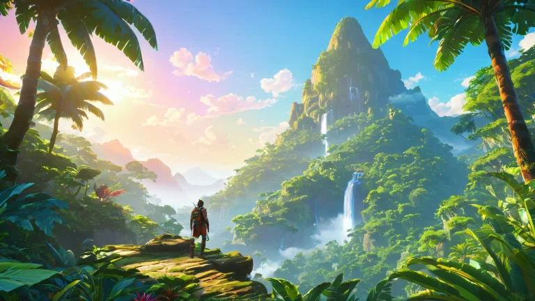 A vibrant and dynamic concept art of Wanderer in a mystical jungle with prismatic shadows.