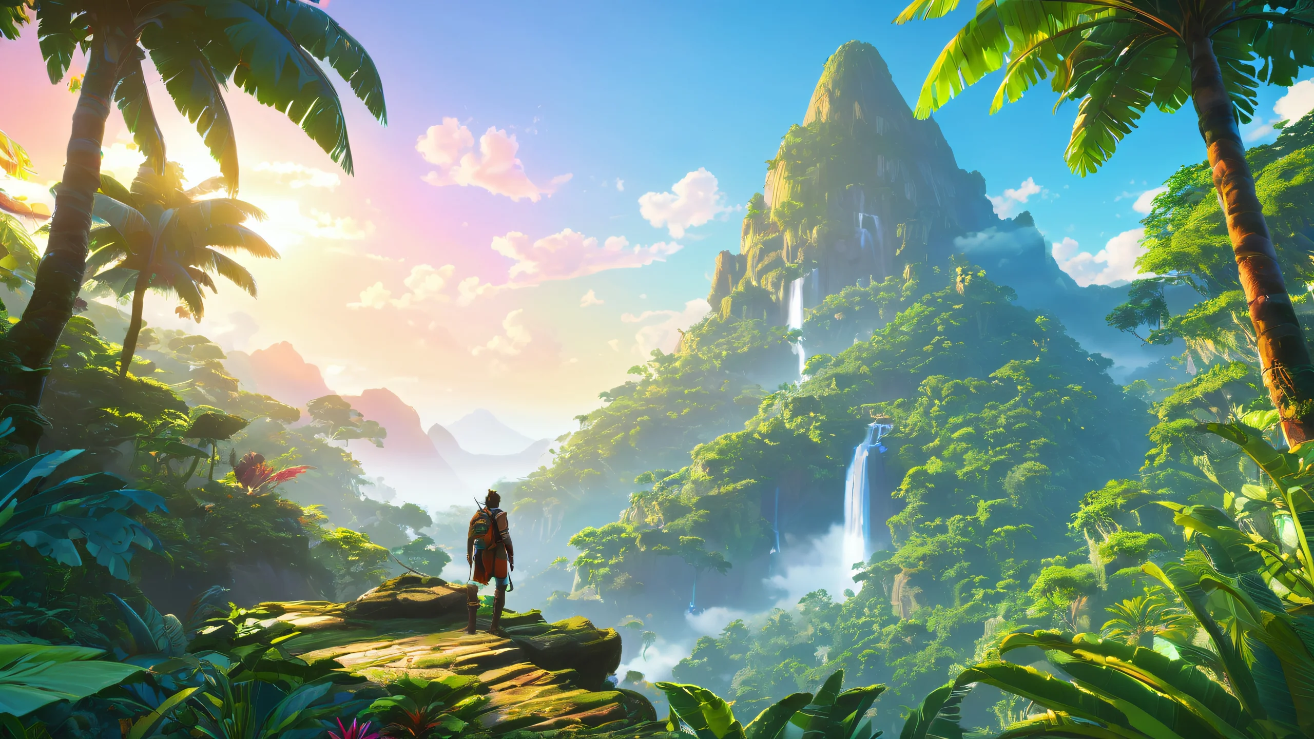 Jungle Heavens Odyssey Aesthetic PC Wallpaper A vibrant and dynamic concept art of Wanderer in a mystical jungle with prismatic shadows.