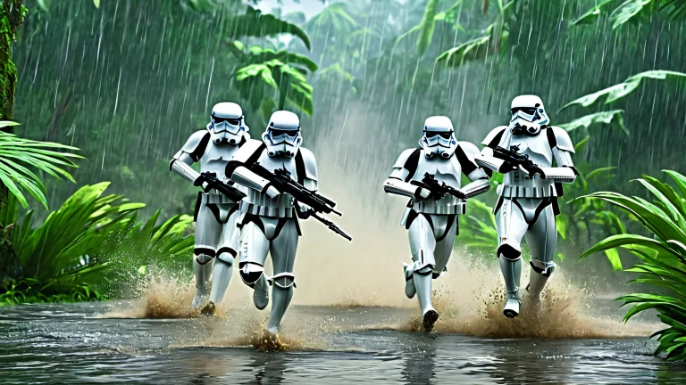Stormtroopers in battle amidst heavy rain in a dense jungle environment