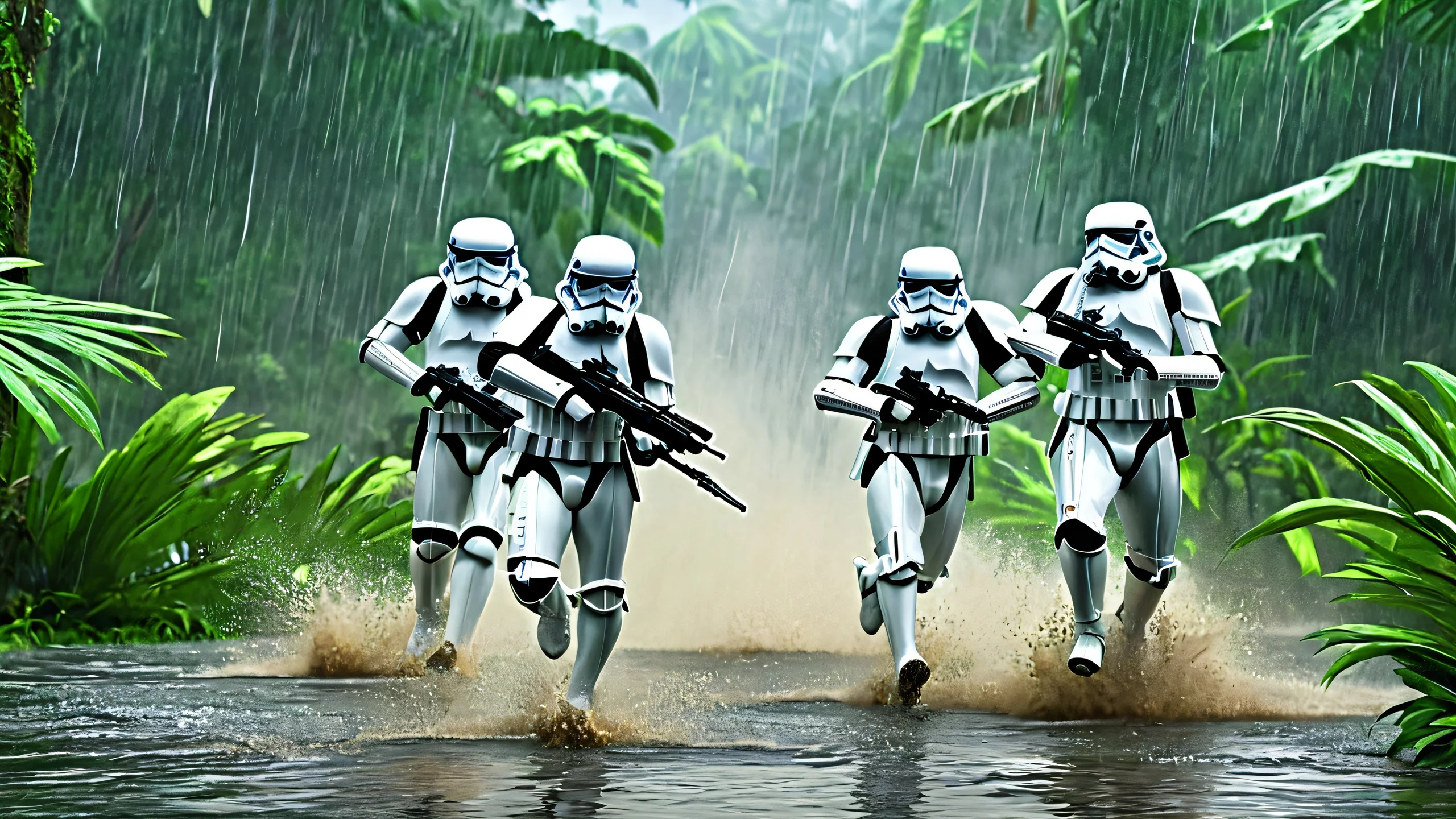 Stormtroopers in battle amidst heavy rain in a dense jungle environment
