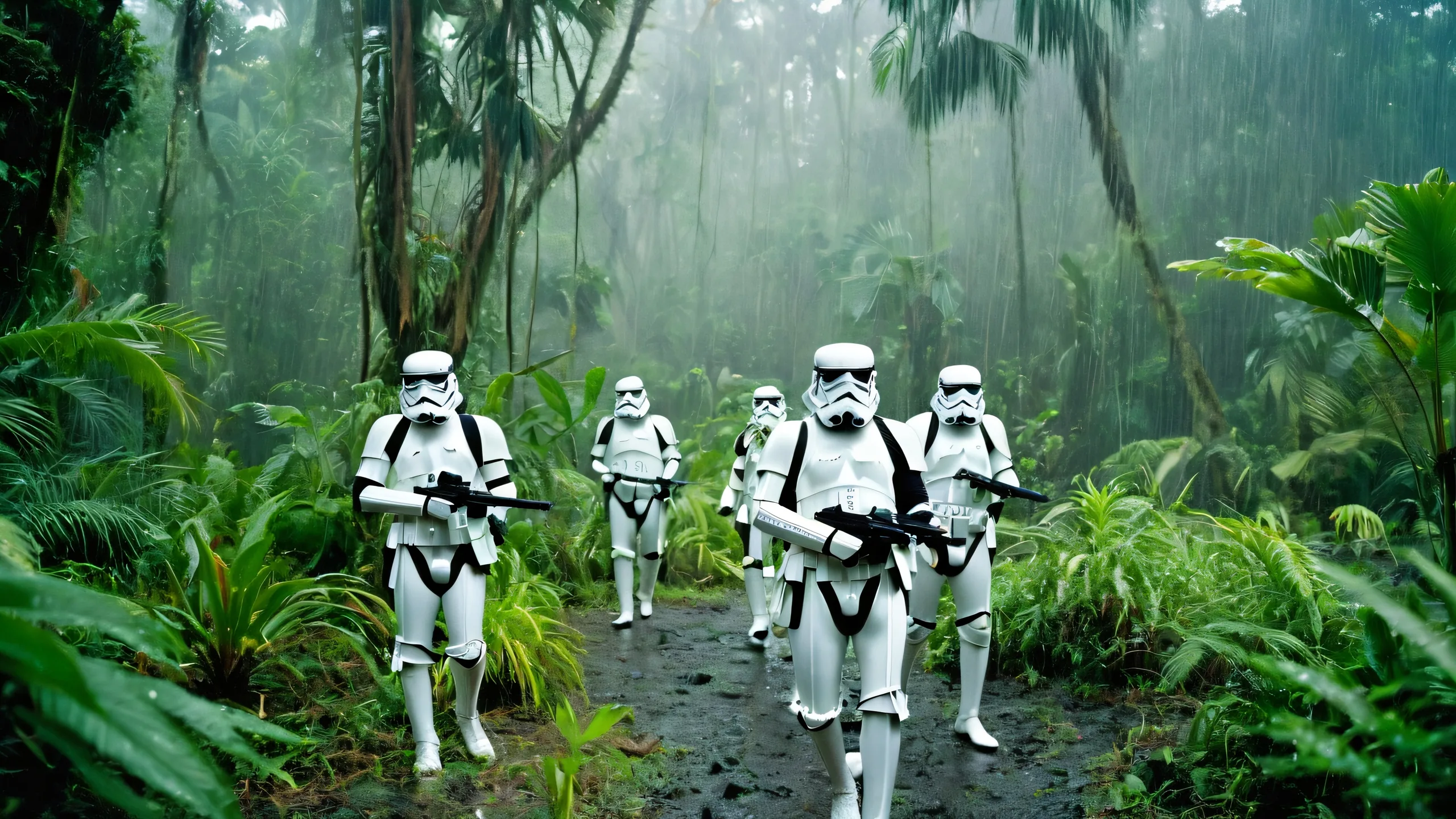 A dramatic scene of stormtroopers in a jungle environment, perfect for desktop use. Ideal for PC or laptop screens.