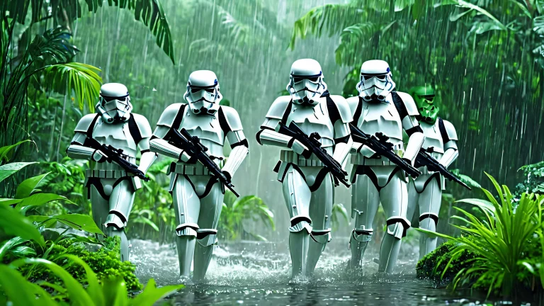 Highly detailed 4K wallpaper featuring stormtroopers in a lush jungle environment amidst heavy rain and explosions.