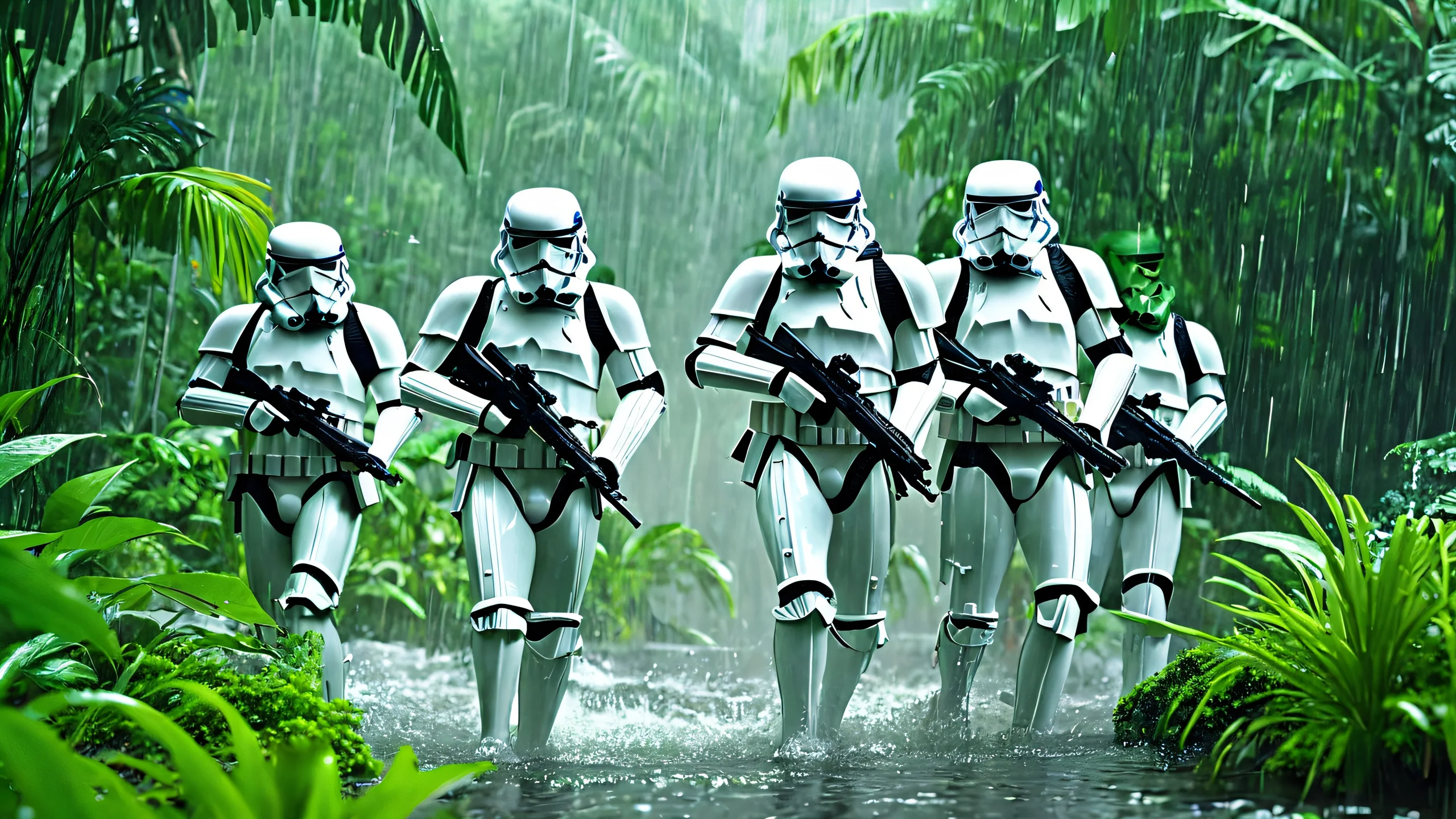 Highly detailed 4K wallpaper featuring stormtroopers in a lush jungle environment amidst heavy rain and explosions.