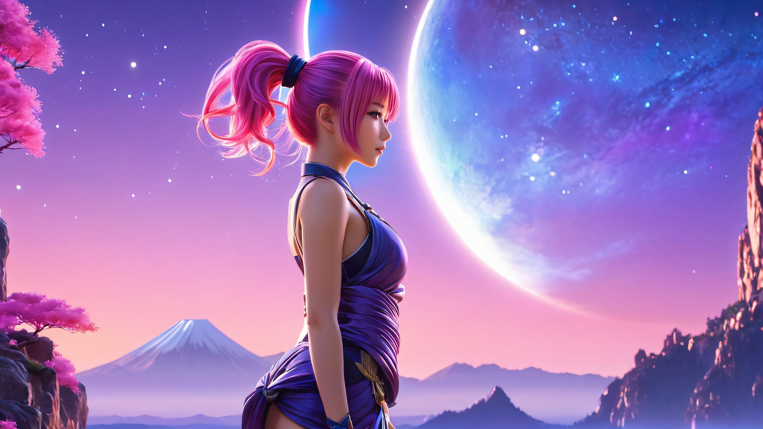 4K Kanno Inori on Alien Planet Wallpaper for PC/Mac Image of Kanno Inori, a 1-girl protagonist with purple eyes and pink hair, standing amidst an alien landscape at night.
