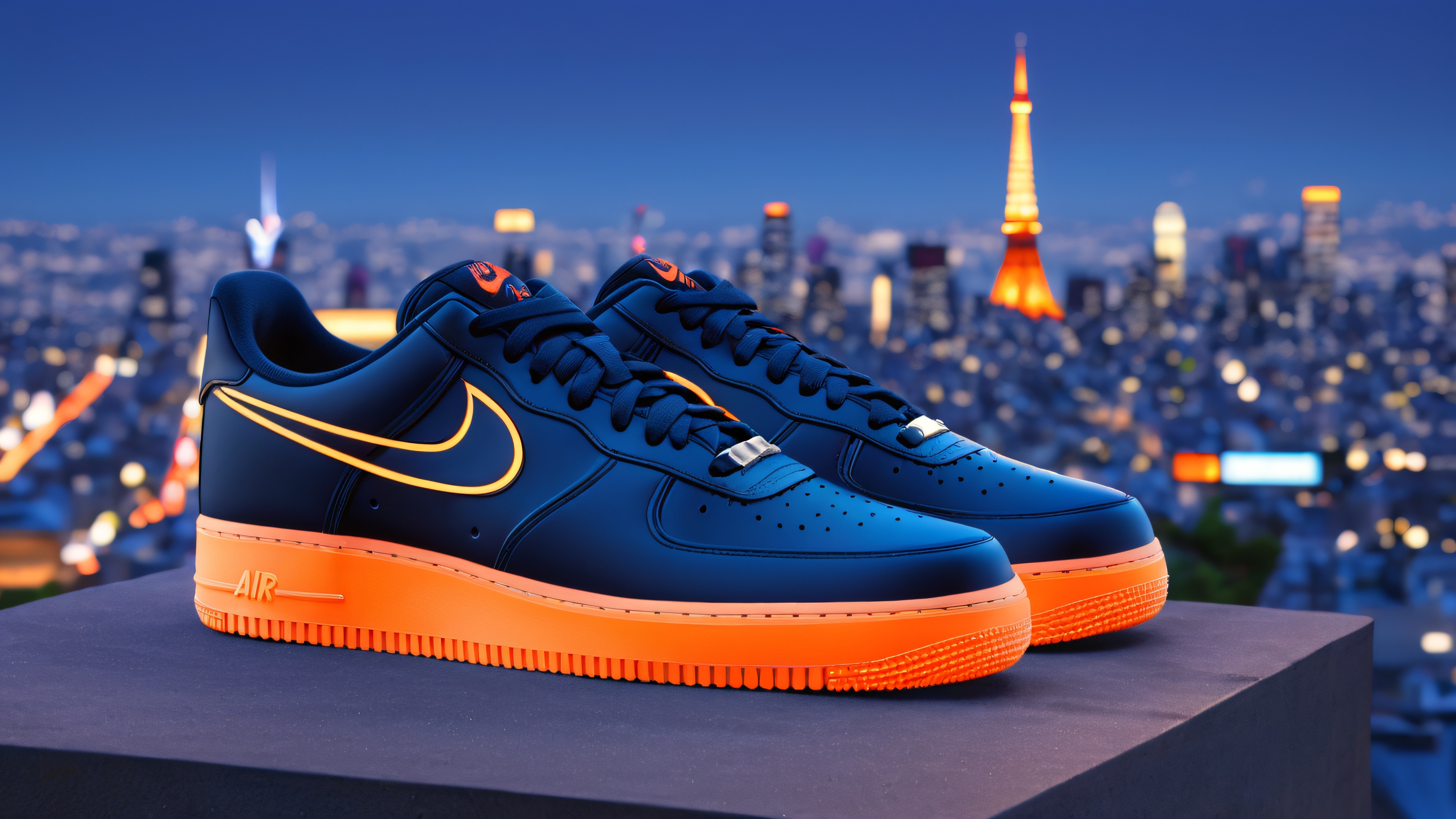 A stylized depiction of the Kapital logo on CDG x Nike Air Force 1 sneakers amidst a neon-lit cityscape at dusk