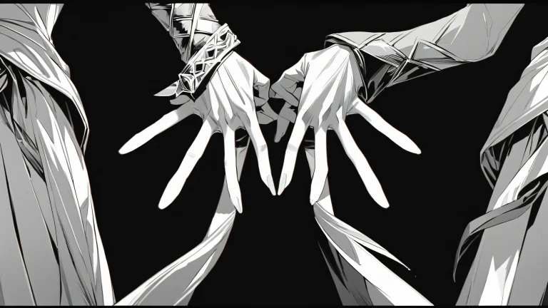 Close-up illustration of hands wielding katanas against a black background in monochrome.