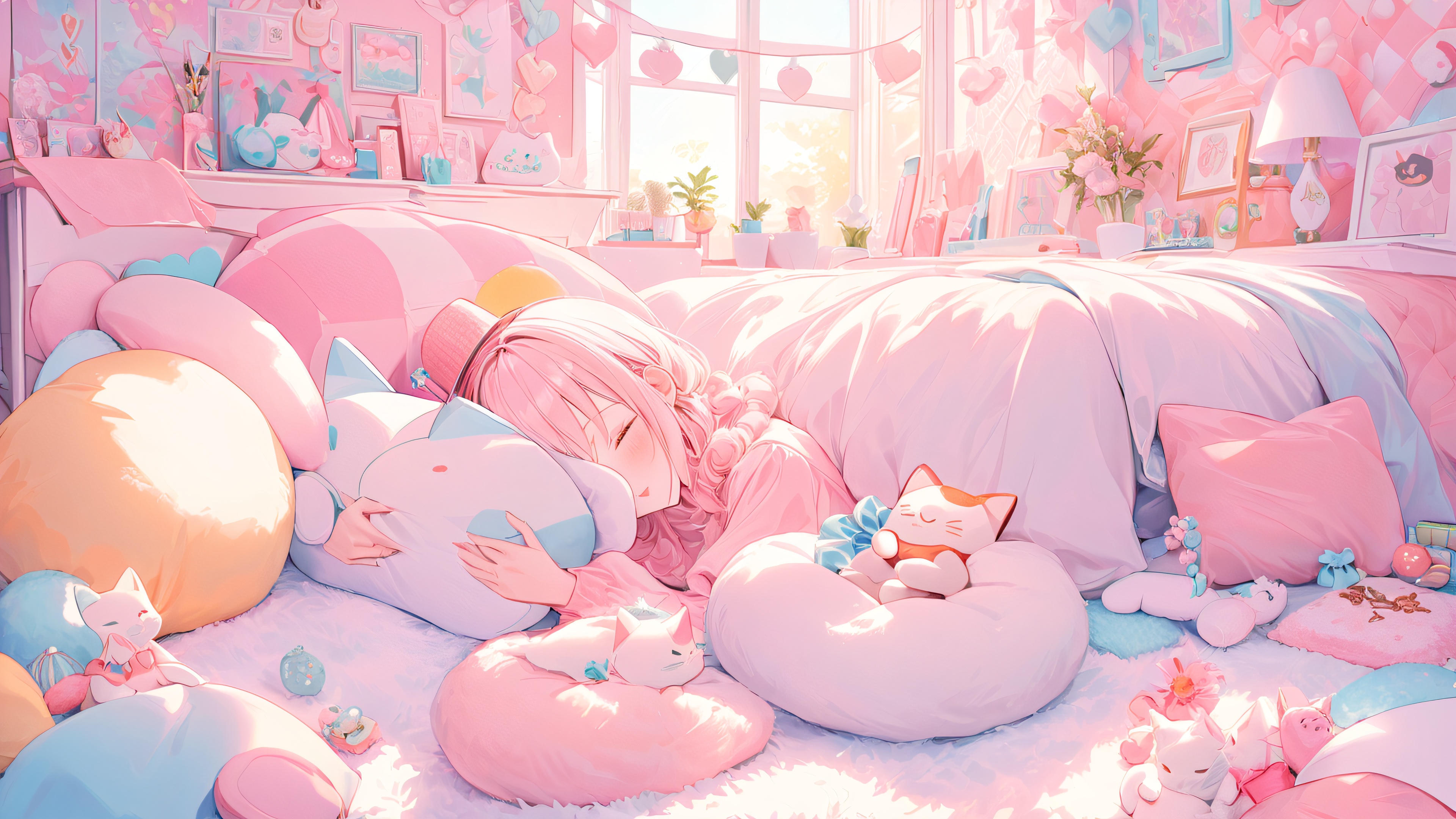 A snuggly lap pillow with a soft, plush cat wearing a tiny hat and holding a heart-shaped pillow, surrounded by pastel pom-poms in a cozy room