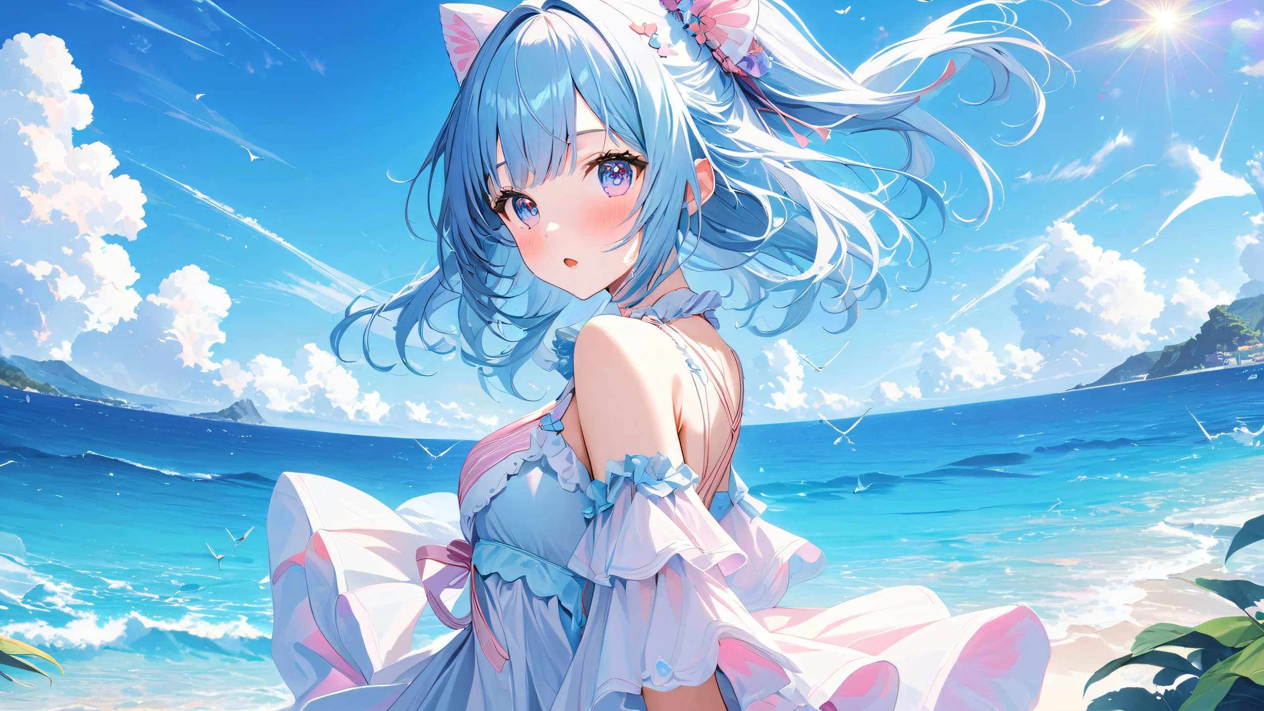 Kawaii Coastal Girl 4K UHD Wallpaper Colorful illustration of a young girl standing by the ocean with soft pink and blue hues.