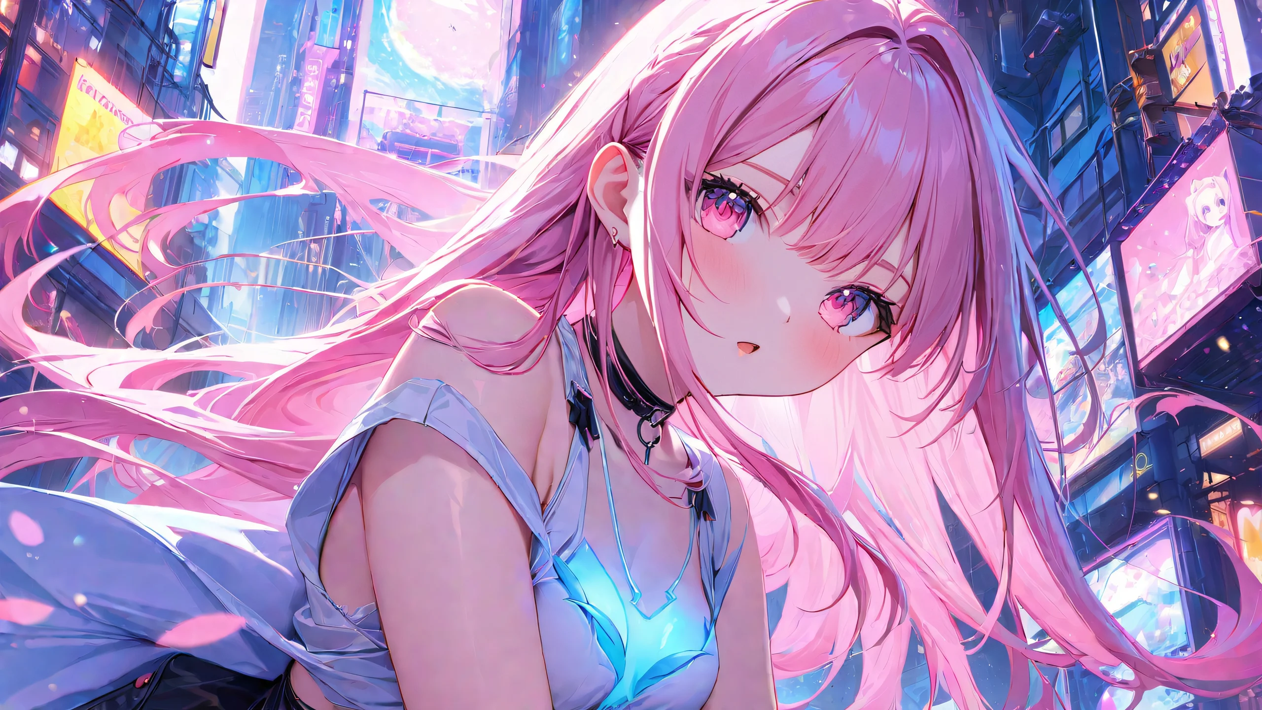 Kawaii Pink Goddess 4K Desktop Wallpaper A kawaii anime girl with soft pink glow in a backgroundless urban setting.