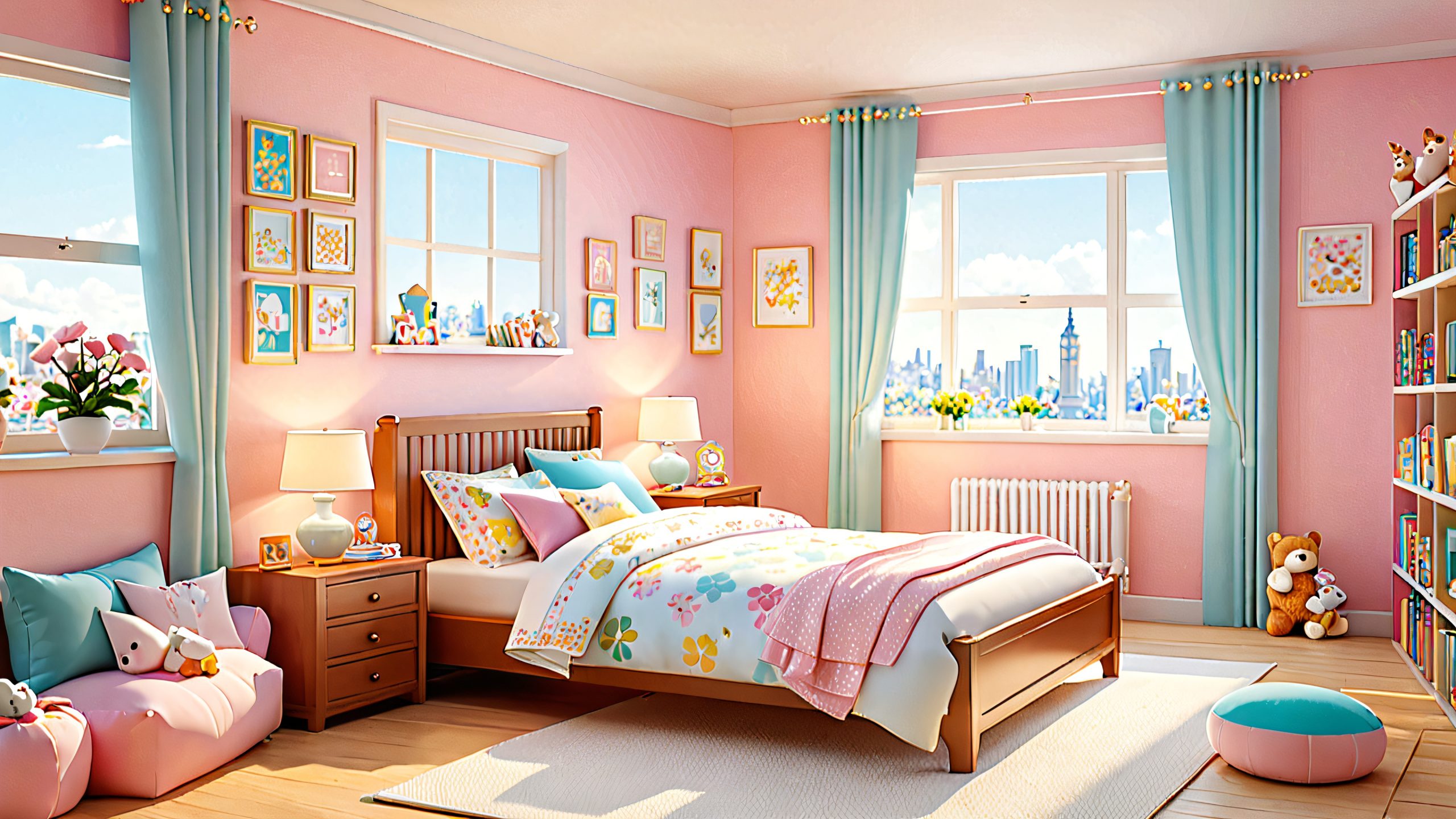 A cheerful schoolgirl Columbina surrounded by stuffed animals and trinkets, on a cozy bed with plush pillows and a canopy, amidst colorful stationery and book pages, set against a warm glow, for desktop/PC use.
