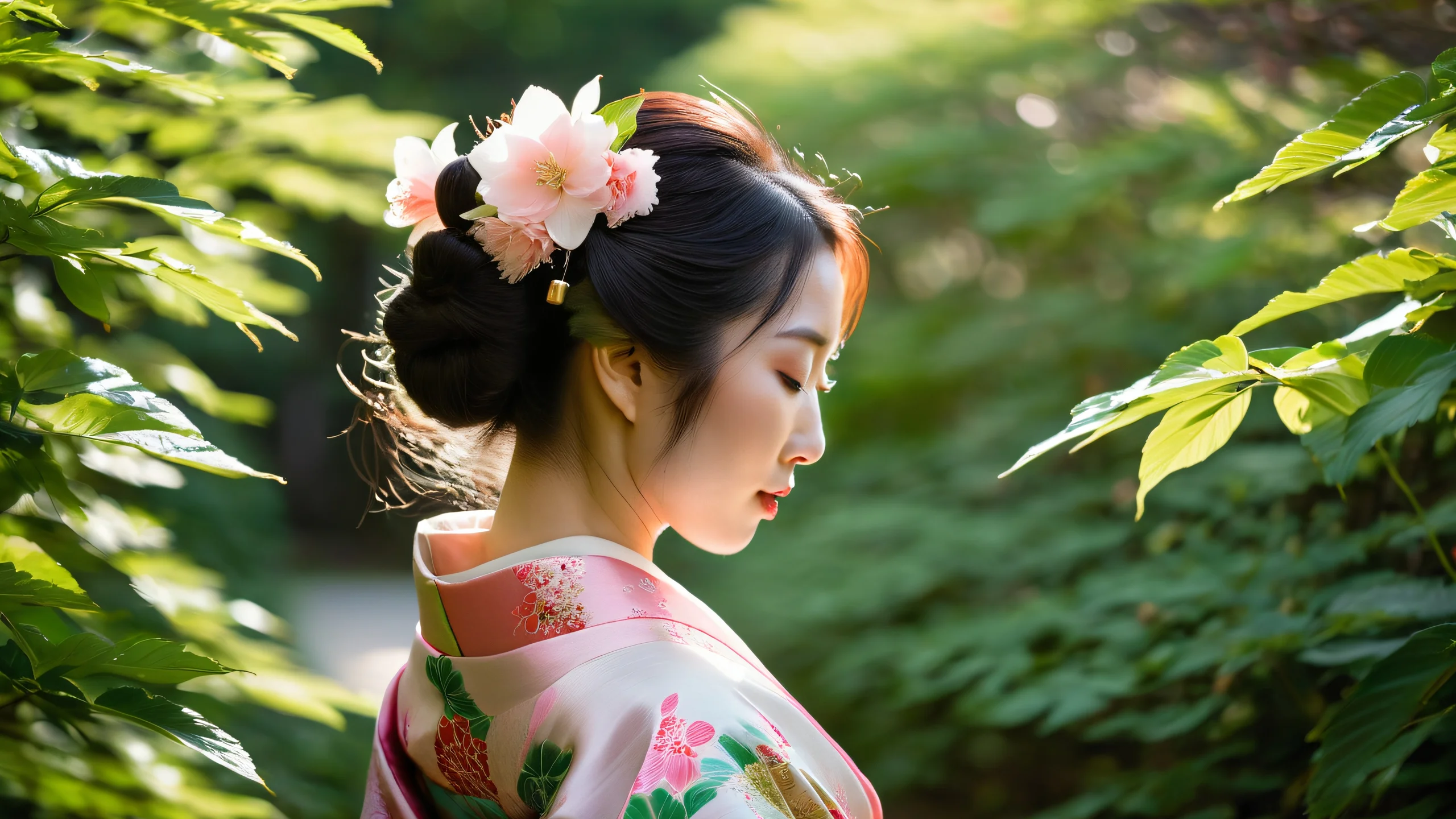 Kimonos and Blooms Ultra HD Wallpaper A kimono-clad model standing amidst lush greenery with intricate floral patterns and textured silk, showcasing the soft focus of 8K resolution.