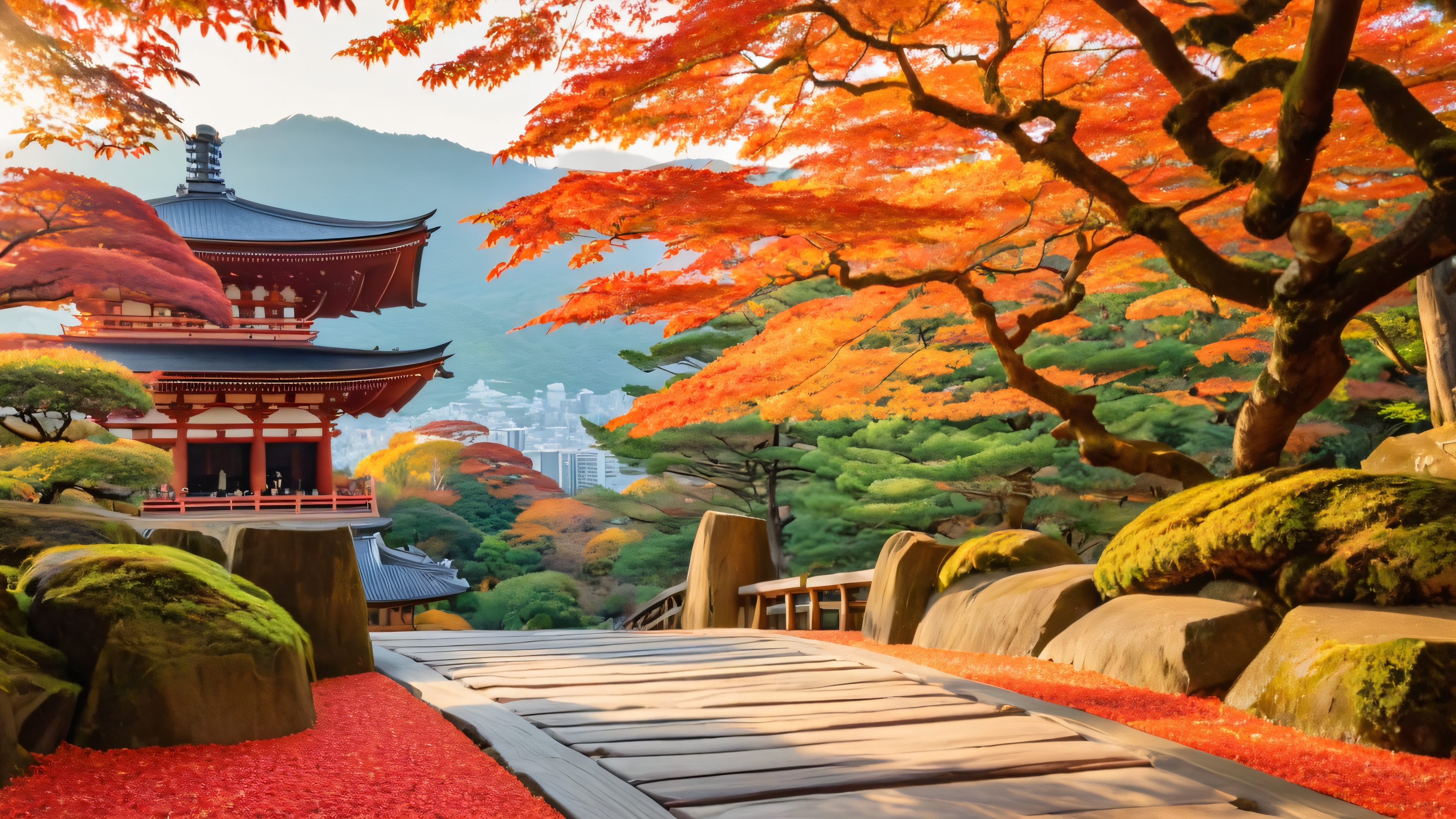 Autumn landscape of Kiyomizu-dera Temple, Kyoto, with vibrant maple leaves and senbei grasses