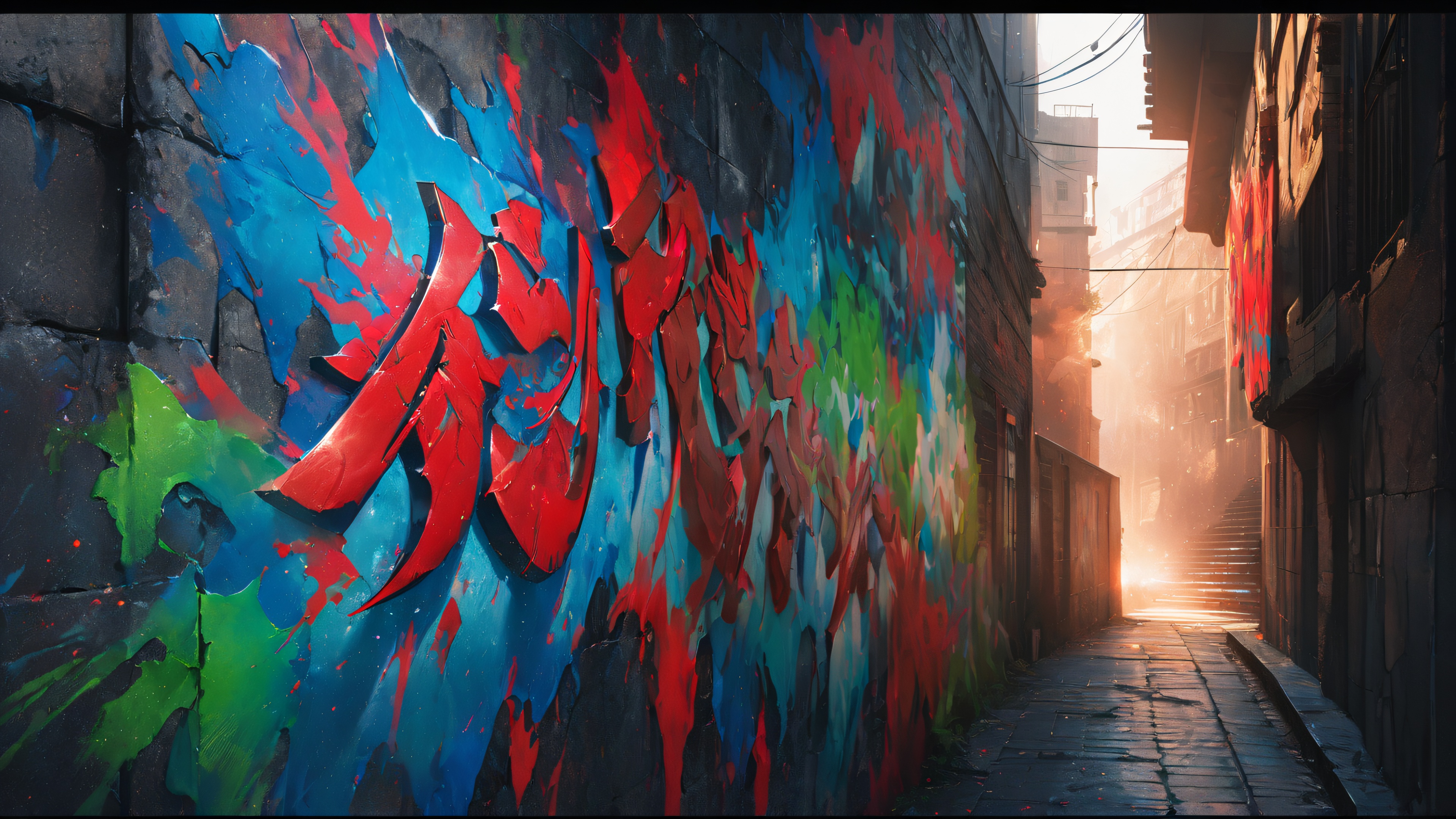 Graffiti-covered concrete wall with kanji character'Kono' in bold red, surrounded by abstract shapes and brushstrokes, set in a dimly lit urban alleyway.