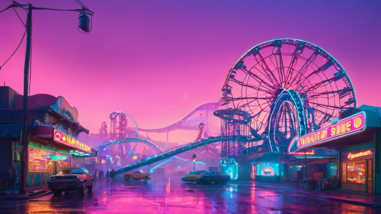 krustyland 2077 neon lit amusement park wallpaper scaled