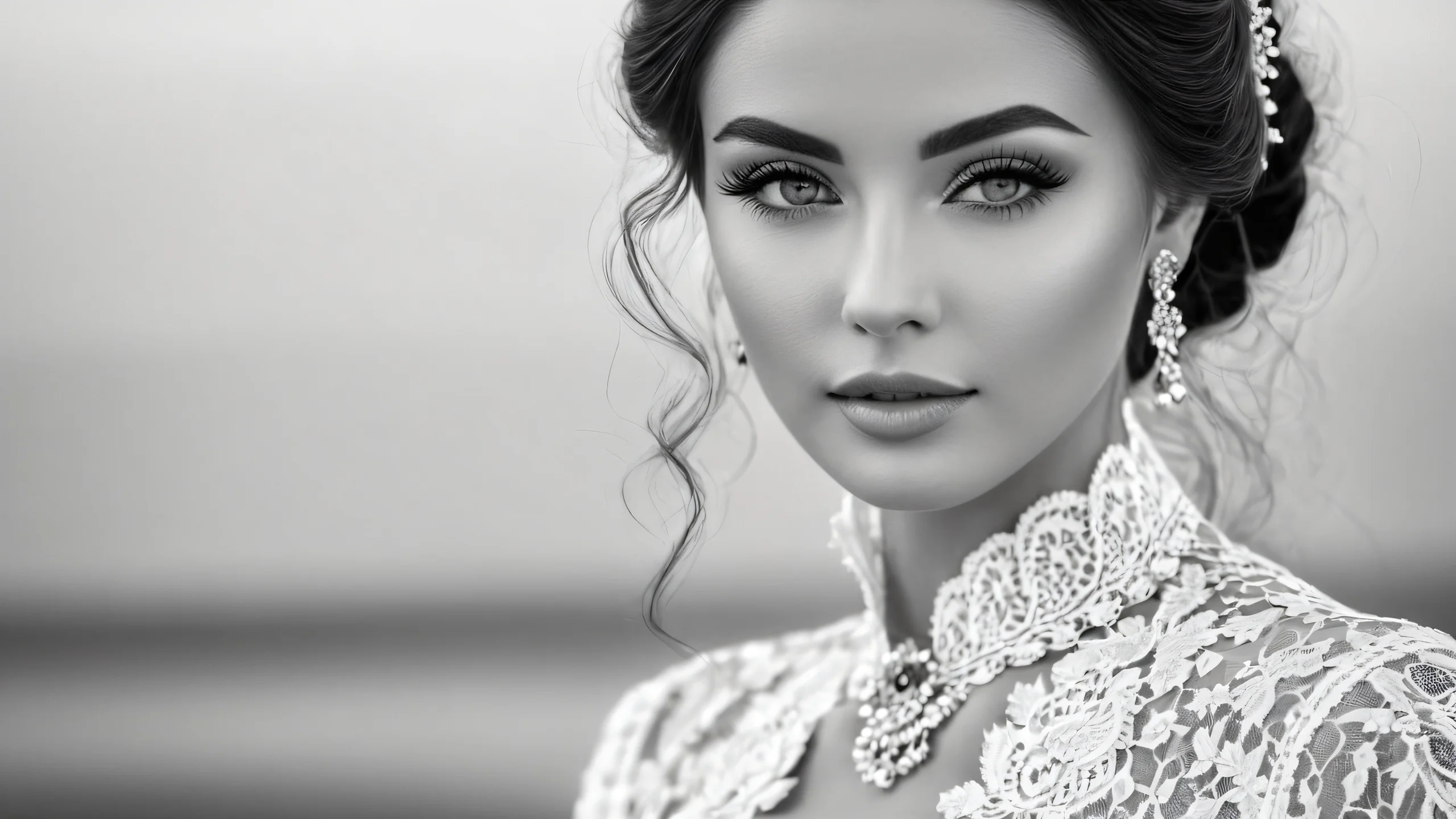 Stunning Lace Lady Gaze 4K Wallpaper A stunning monochrome portrait of a woman gazing directly at the viewer, surrounded by intricate lace patterns.