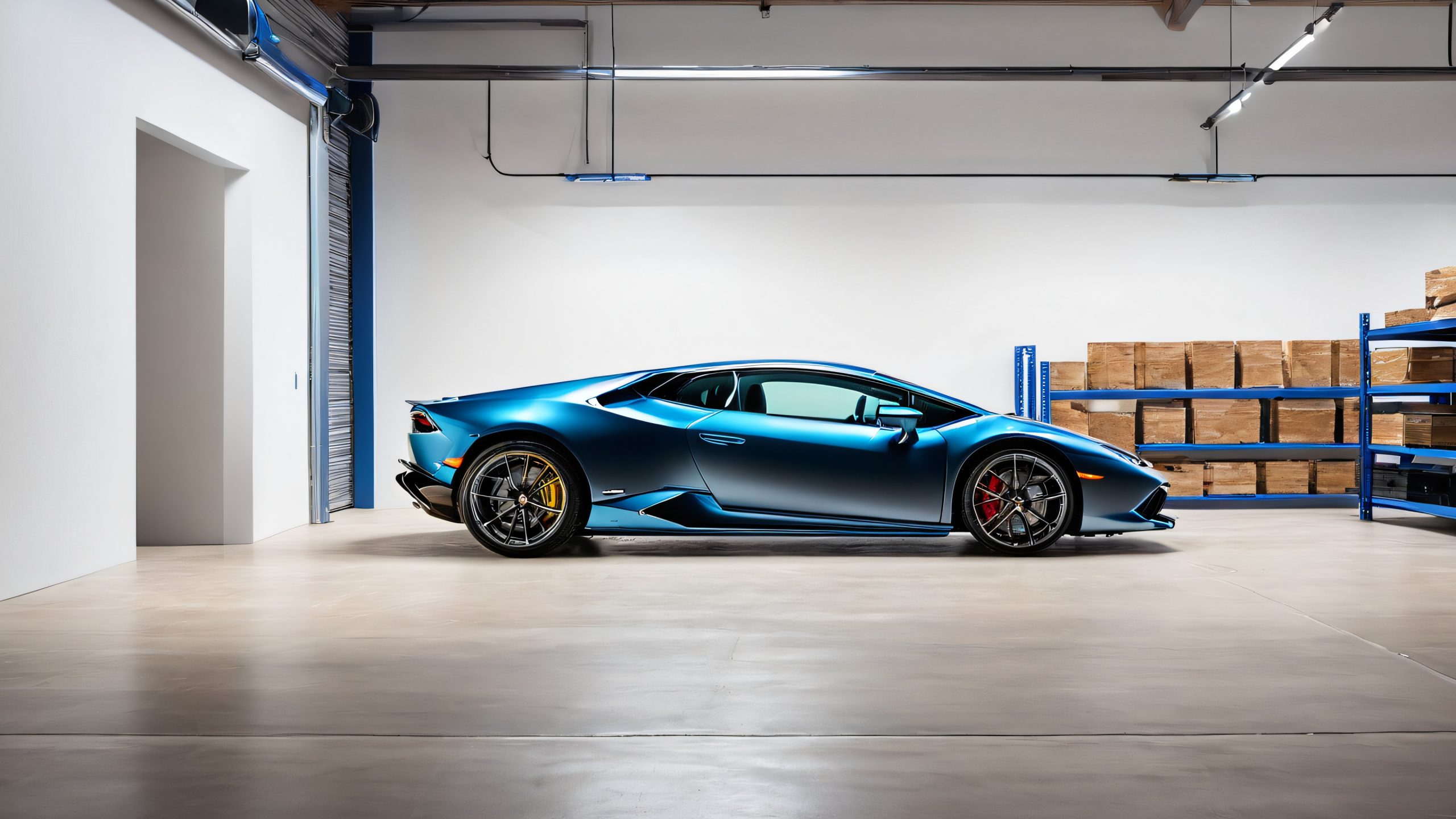 A high-contrast image of a matte black Lamborghini Huracan in an industrial garage setting, with exposed light fixtures and steel shelving racks.