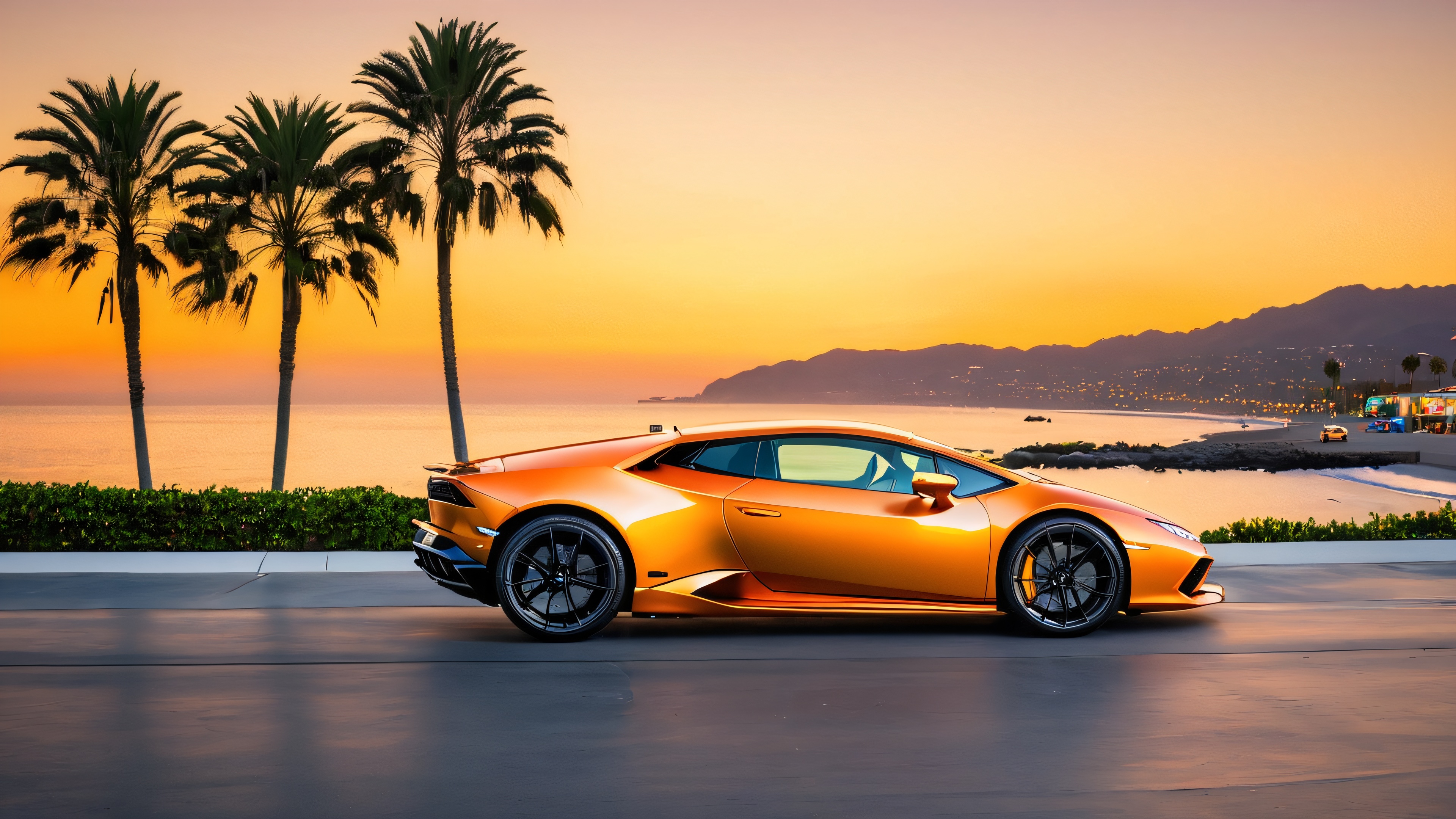 A sleek gray Lamborghini Huracan parked on a coastal road overlooking the Pacific Ocean at sunset, with Santa Monica Pier and mountains in the background.