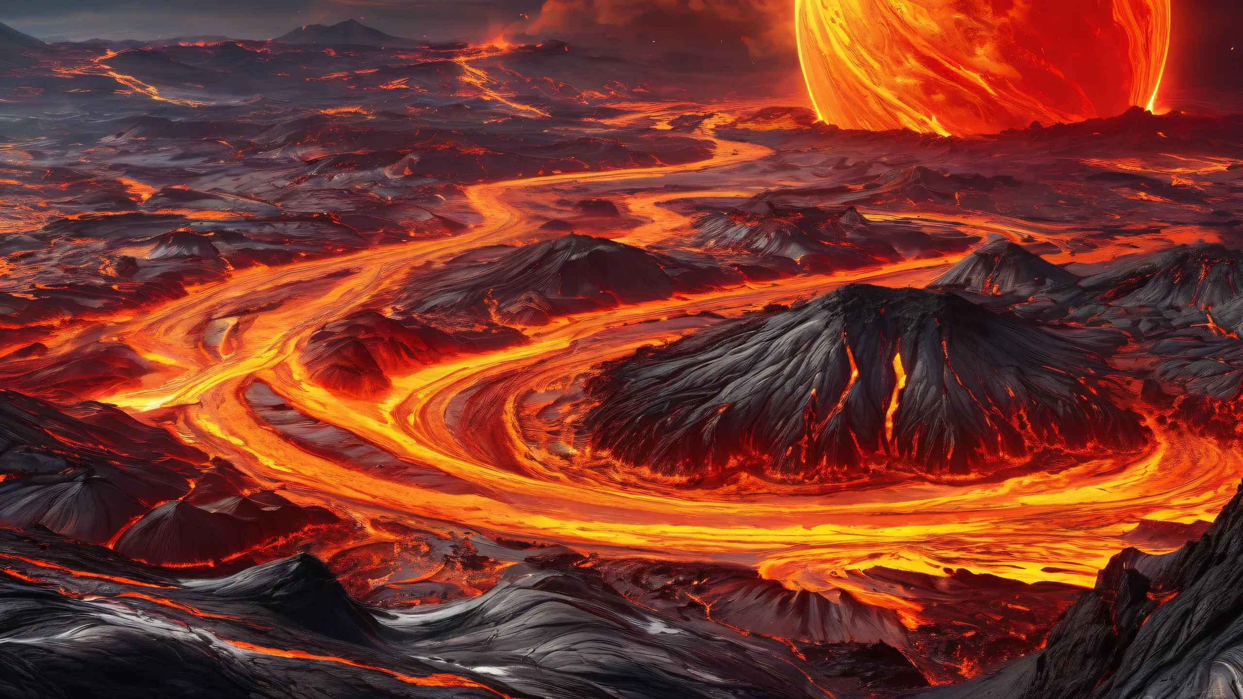 A dramatic desktop wallpaper featuring a planet's surface with lava flows and natural landscapes for Desktop/PC users.