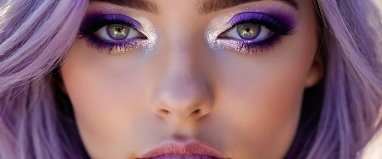 A stunning woman with two-tone silver and lavender hair and deep violet eyes against a clean background.
