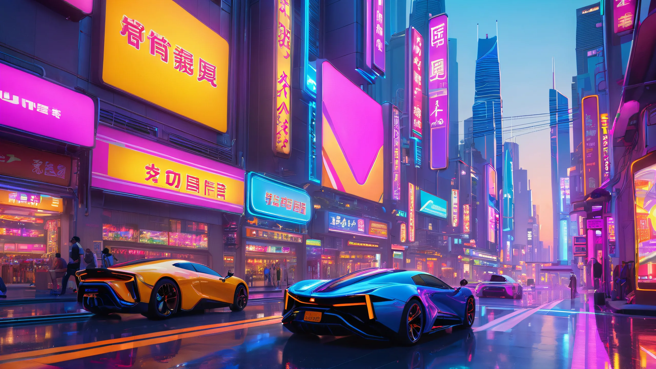 Neon Metropolis Dusk 4K UHD Widescreen A futuristic cityscape of towering skyscrapers and flying cars amidst a bustling urban jungle at dusk, suitable for desktop/pc use.