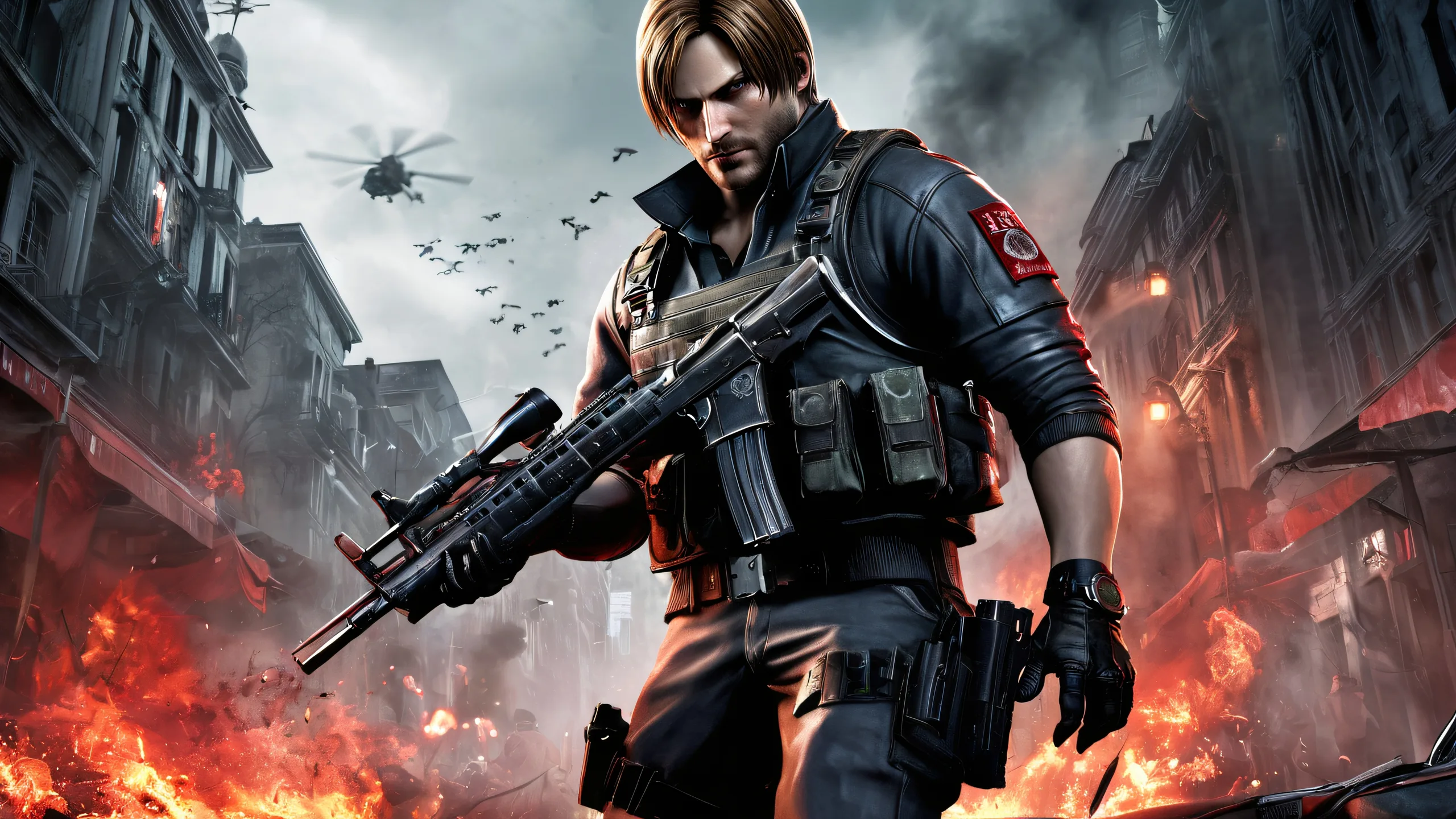 Epic Survival-Horror Masterpiece: Leon's Last Stand Desktop Wallpaper Leon Kennedy stands heroically amidst the ruins of Raccoon City, a beacon of hope against hordes of undead. Desktop/PC wallpaper.