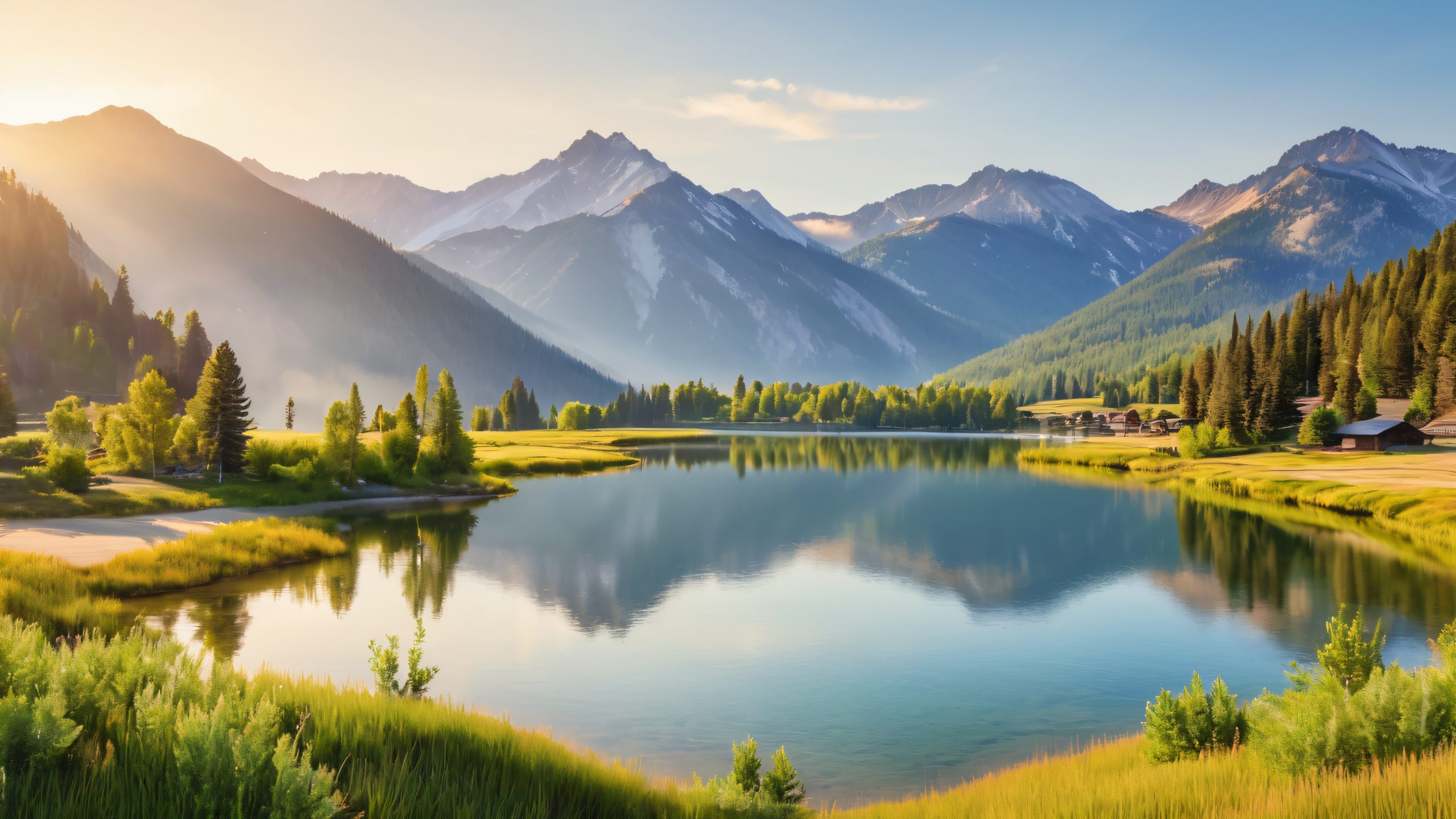 A serene mountain valley for your Desktop/PC, featuring the town of Libby, Montana, with rustic cabins, a main street, and a lake, surrounded by towering peaks and a wispy cloud cover.