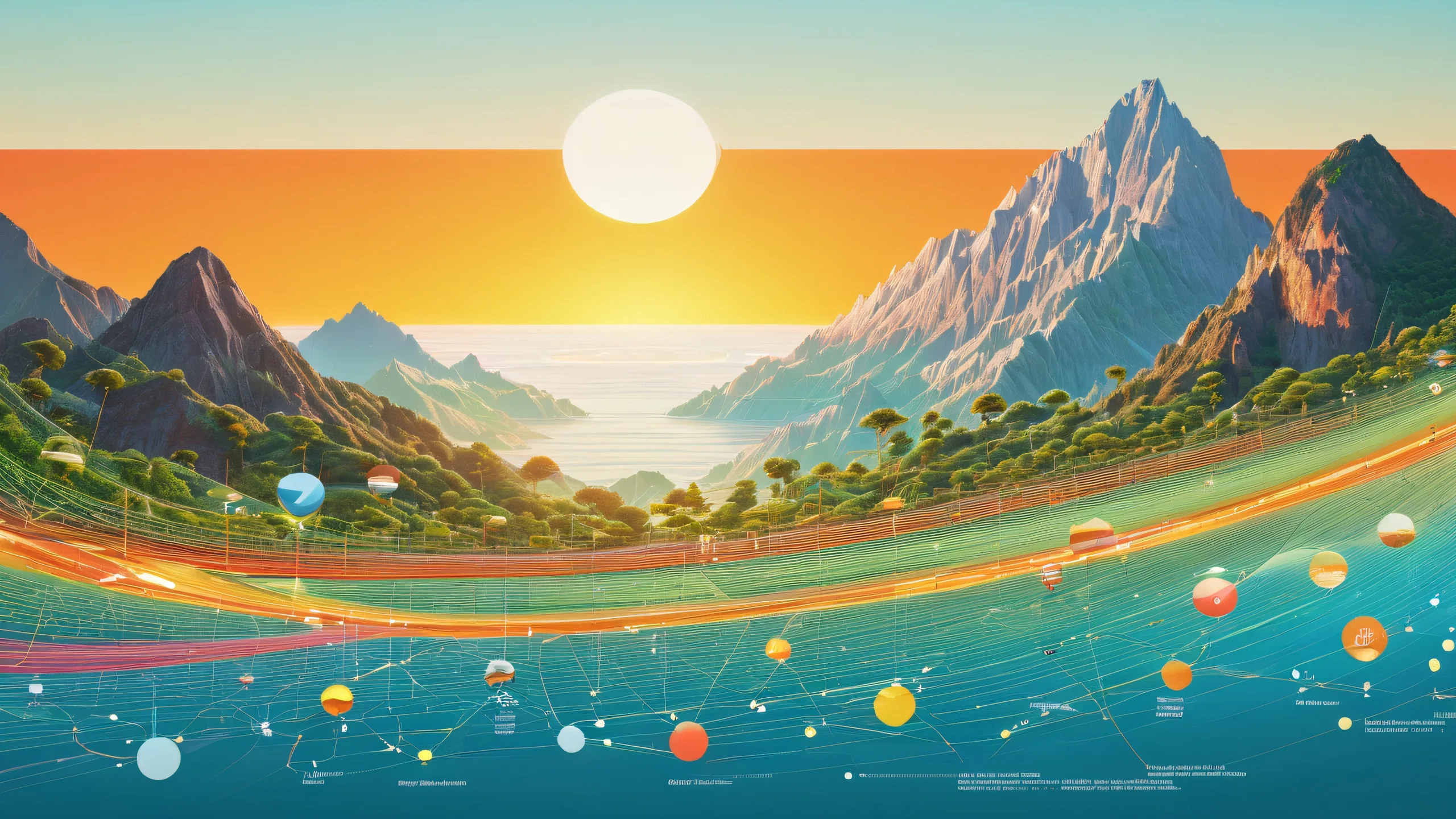 Aesthetic Life Path Odyssey Background Infographic illustration of a person's life path on desktop/PC with vibrant colors and shapes.