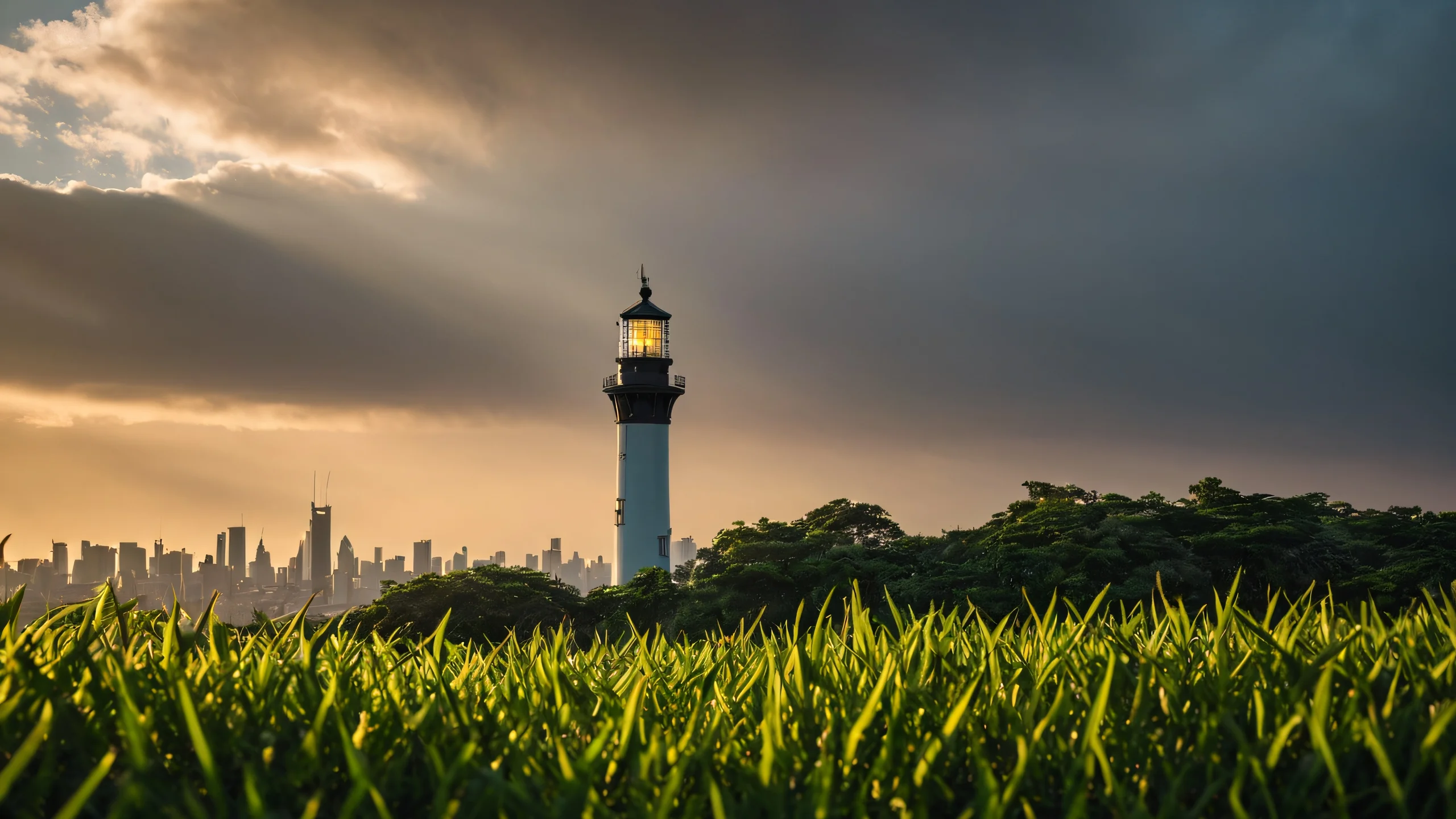 Lighthouse Serenity Ultra HD Wallpaper A majestic lighthouse stands tall amidst lush green grass and skyscrapes in a stunning 8K resolution image.