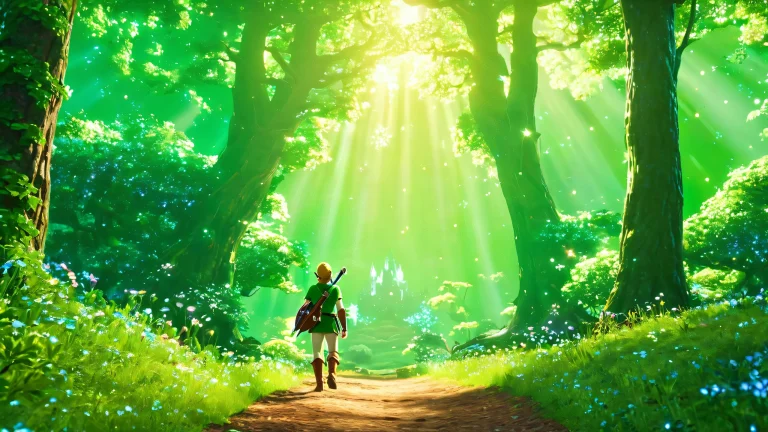 A fantastical scene of Link traversing the mystical Lost Woods, illuminated by a halo of dramatic green lighting.