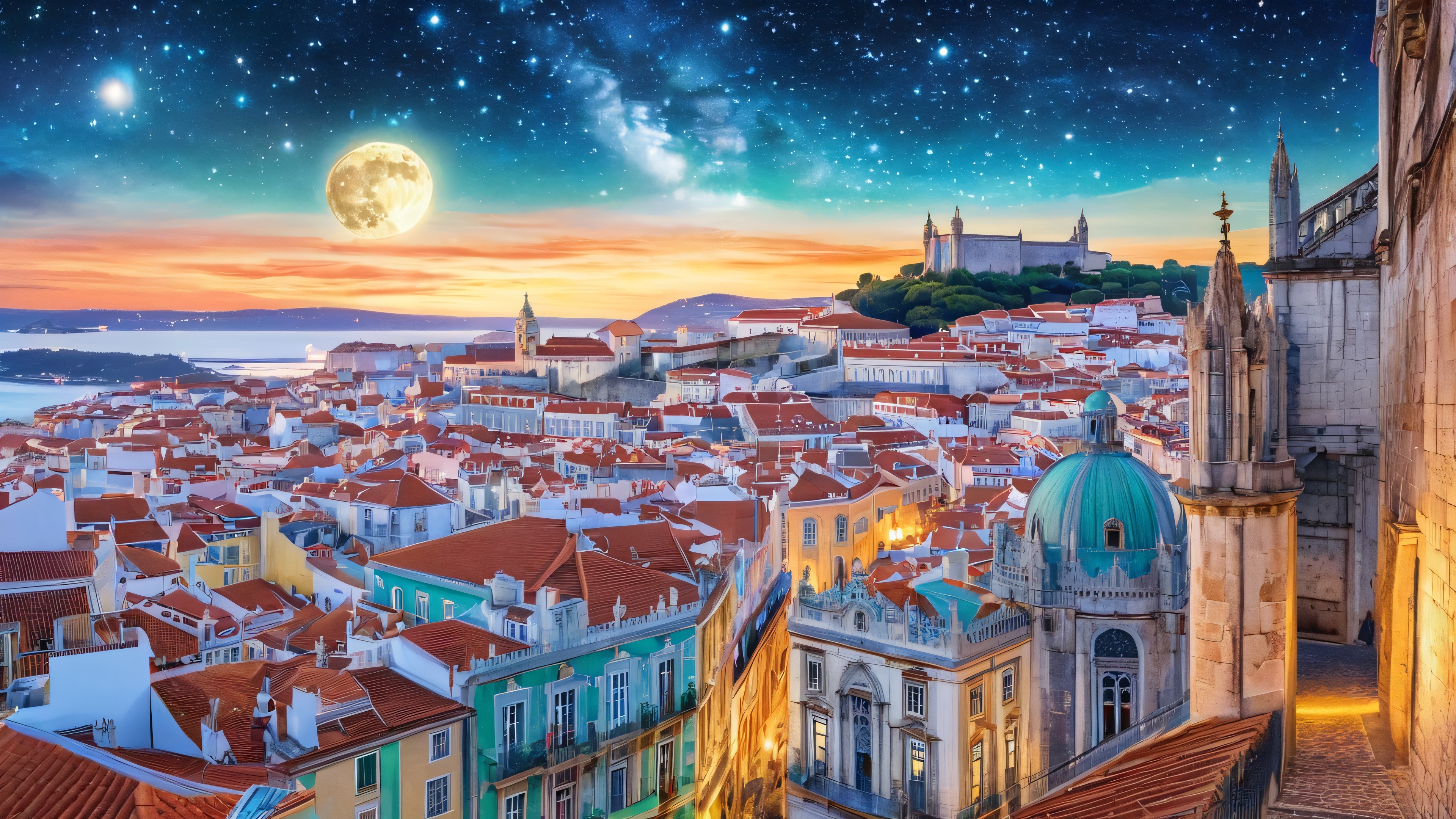 A mystical cityscape of Lisbon, Portugal, with ornate Gothic architecture and winding alleys, under a moonlit night sky with constellations and fantastical creatures.