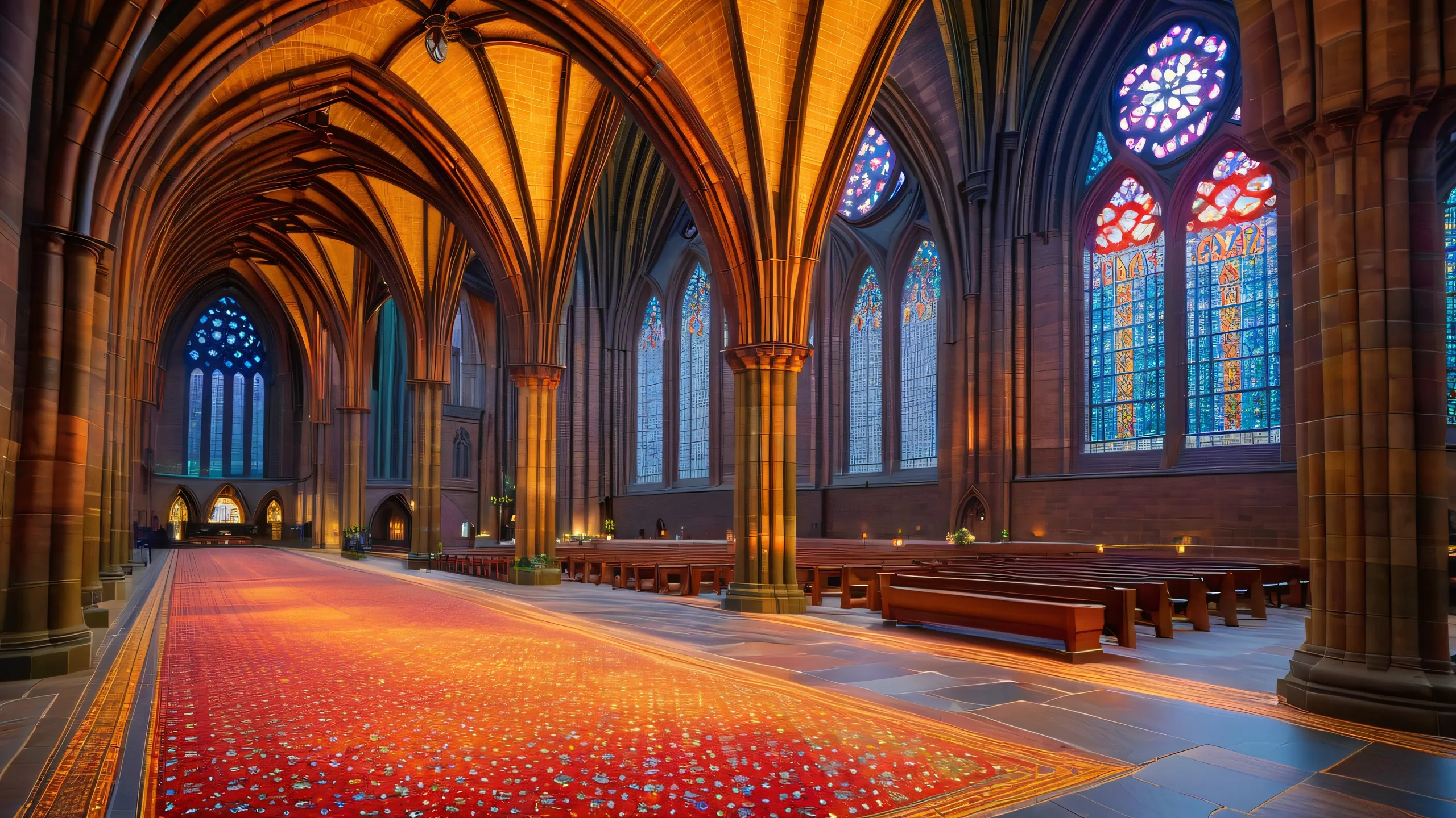 Ultra HD Cathedral Sanctuary Illuminated Wallpaper Breathtaking 4K desktop wallpaper of Liverpool Anglican Cathedral's interior with ornate arches, vaulted ceilings, and stained glass windows.