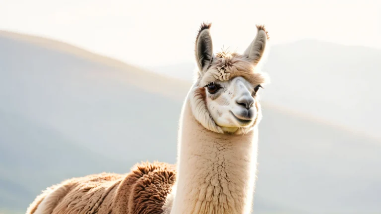 A majestic llama standing proudly in a serene outdoor setting with rolling hills and distant landscape.