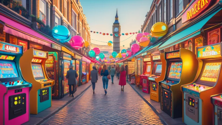 A bustling London street market filled with vintage arcade cabinets and gamers of all ages, perfect for desktop/pc use.