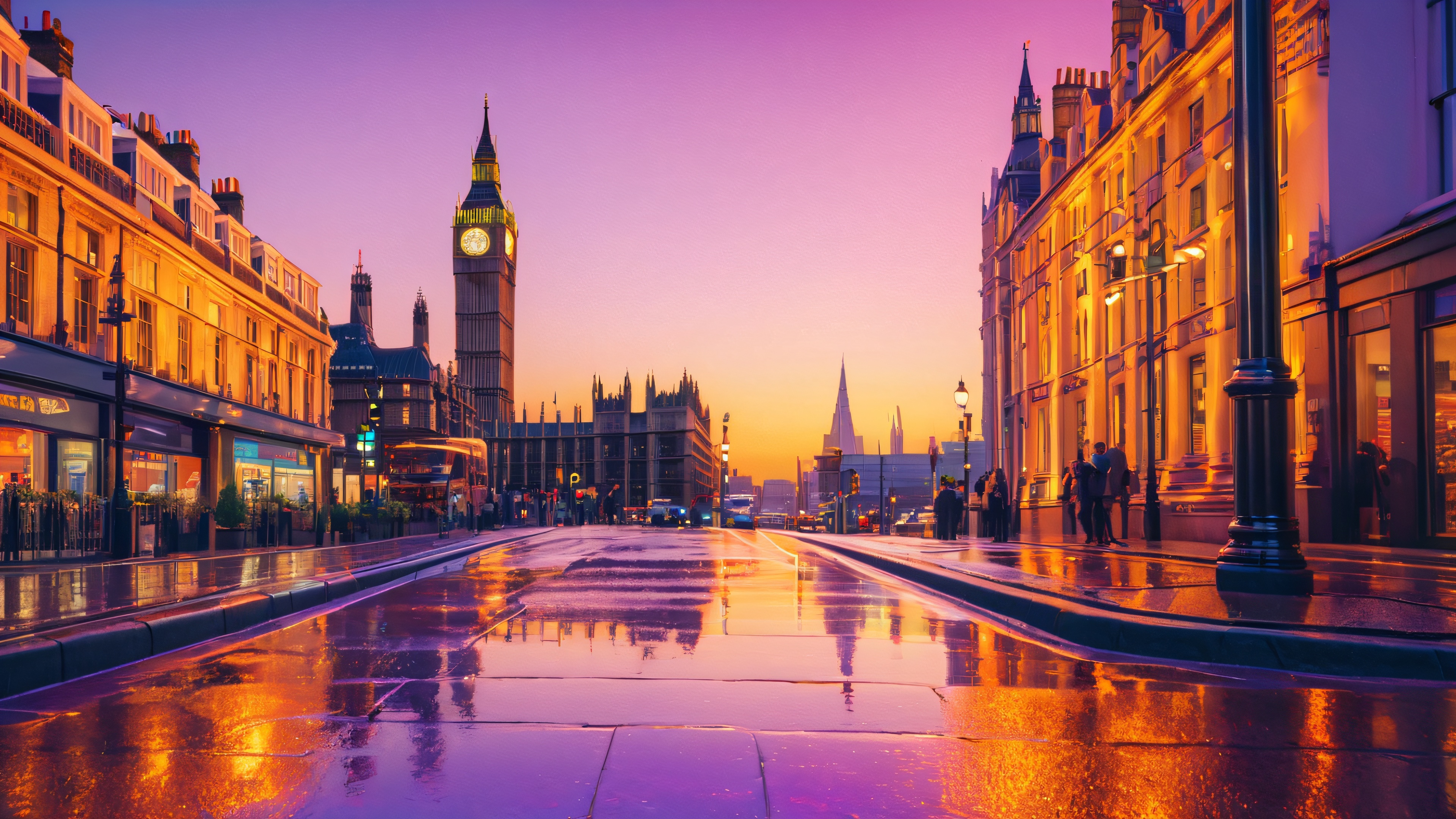 Majestic London skyline at dusk, with iconic landmarks and city life