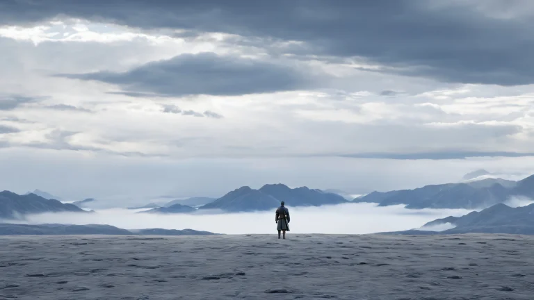 A lone figure stands amidst cloudy skies, rendered in stunning CGI detail.