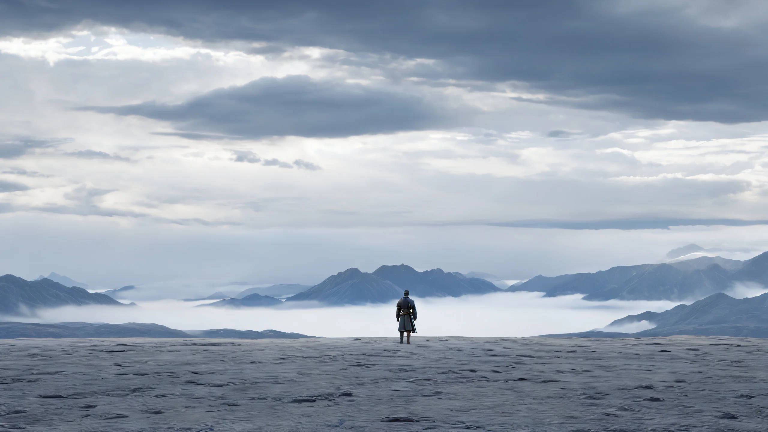 Ultra HD Ethereal Solitude Sky Wallpaper A lone figure stands amidst cloudy skies, rendered in stunning CGI detail.
