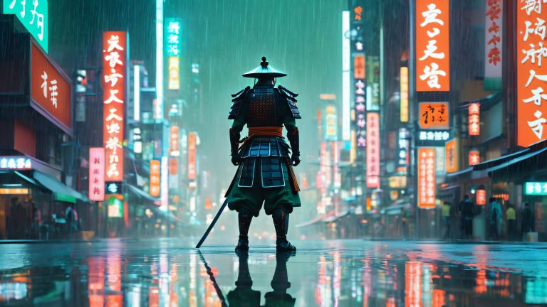 lone samurai amidst neon rainstorm wallpaper scaled