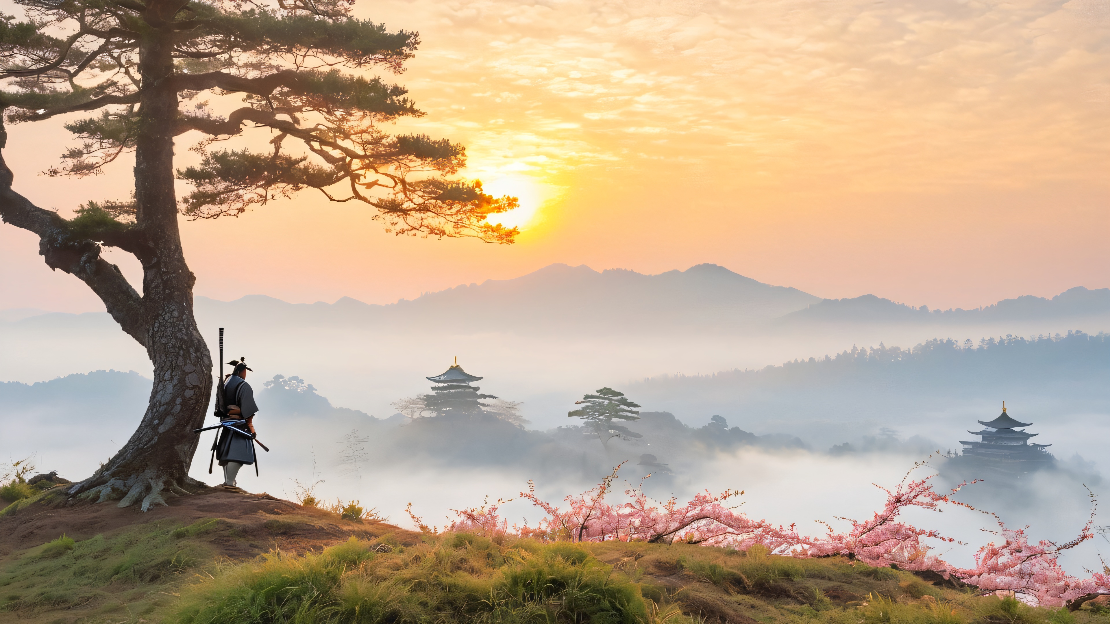 A lone samurai stands at the edge of a mist-shrouded forest, with a Japanese castle in the distance, as the dawn breaks.