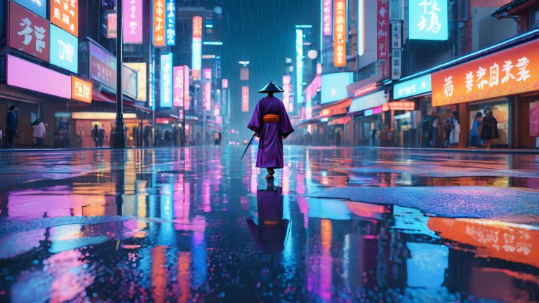 lone samurai under neon rain 4k wallpaper scaled