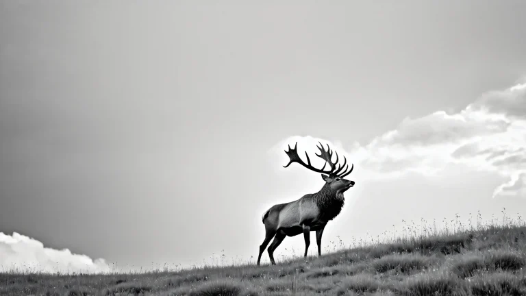 A majestic lone stag stands proud against a cloudy sky with vibrant rainbow hues in the background, created using line art techniques.